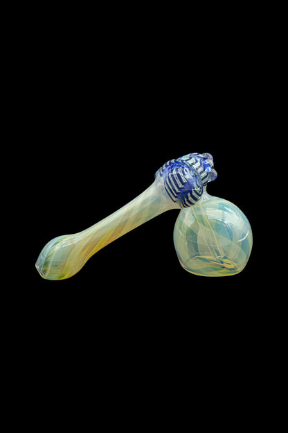 Hand-blown glass bubbler with iridescent yellow and blue swirls.