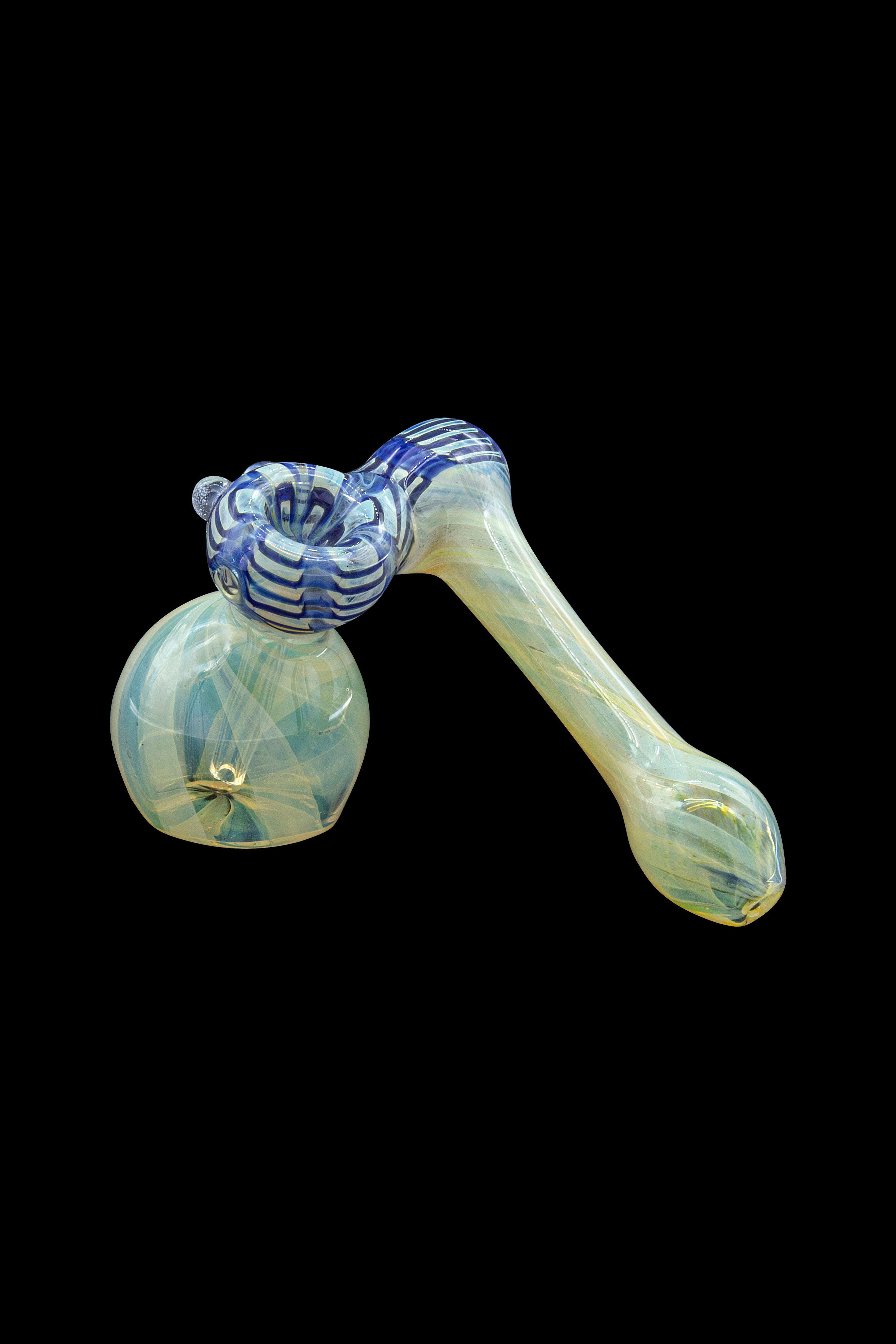 Glass bubbler pipe with blue and green swirling patterns, isolated on a black background.