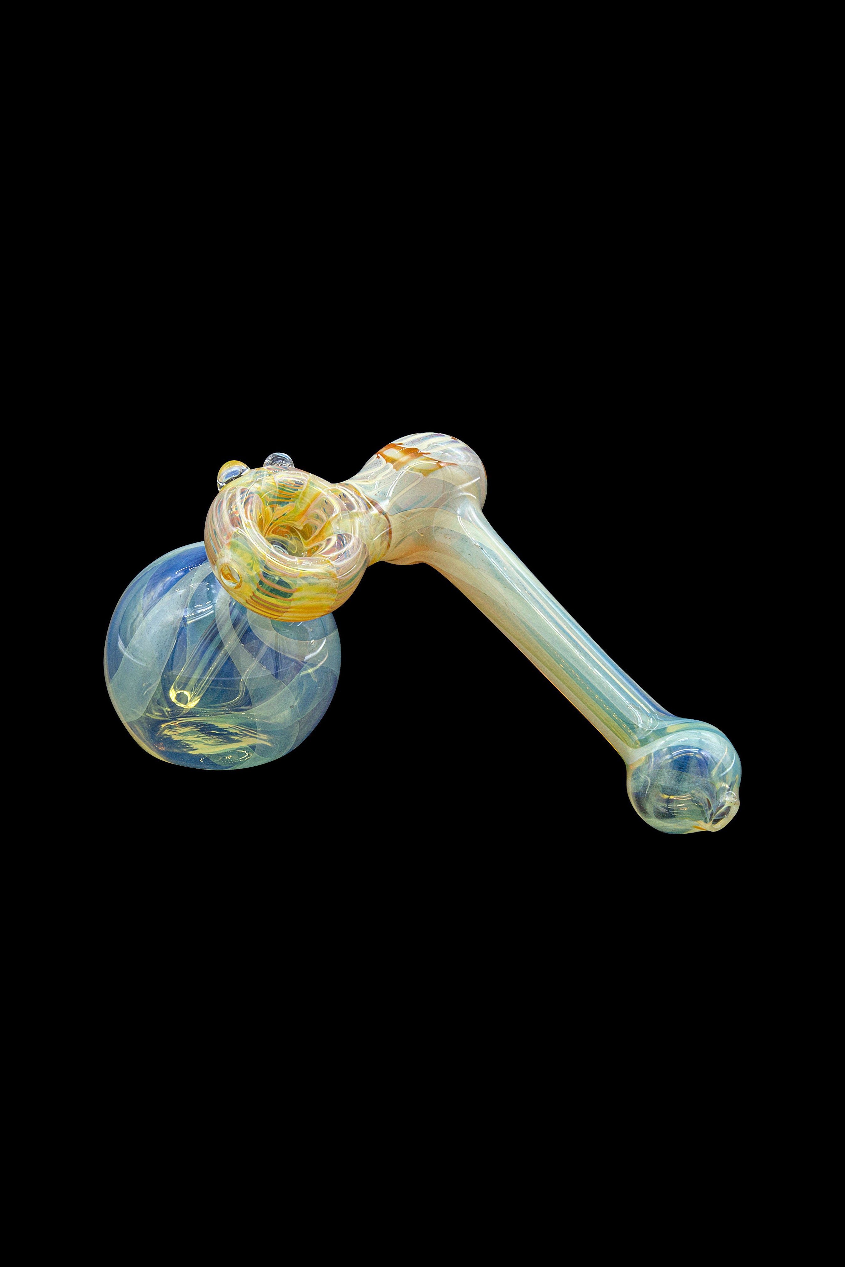 Glass bubbler pipe with swirling blue, yellow, and orange patterns, isolated on a black background.
