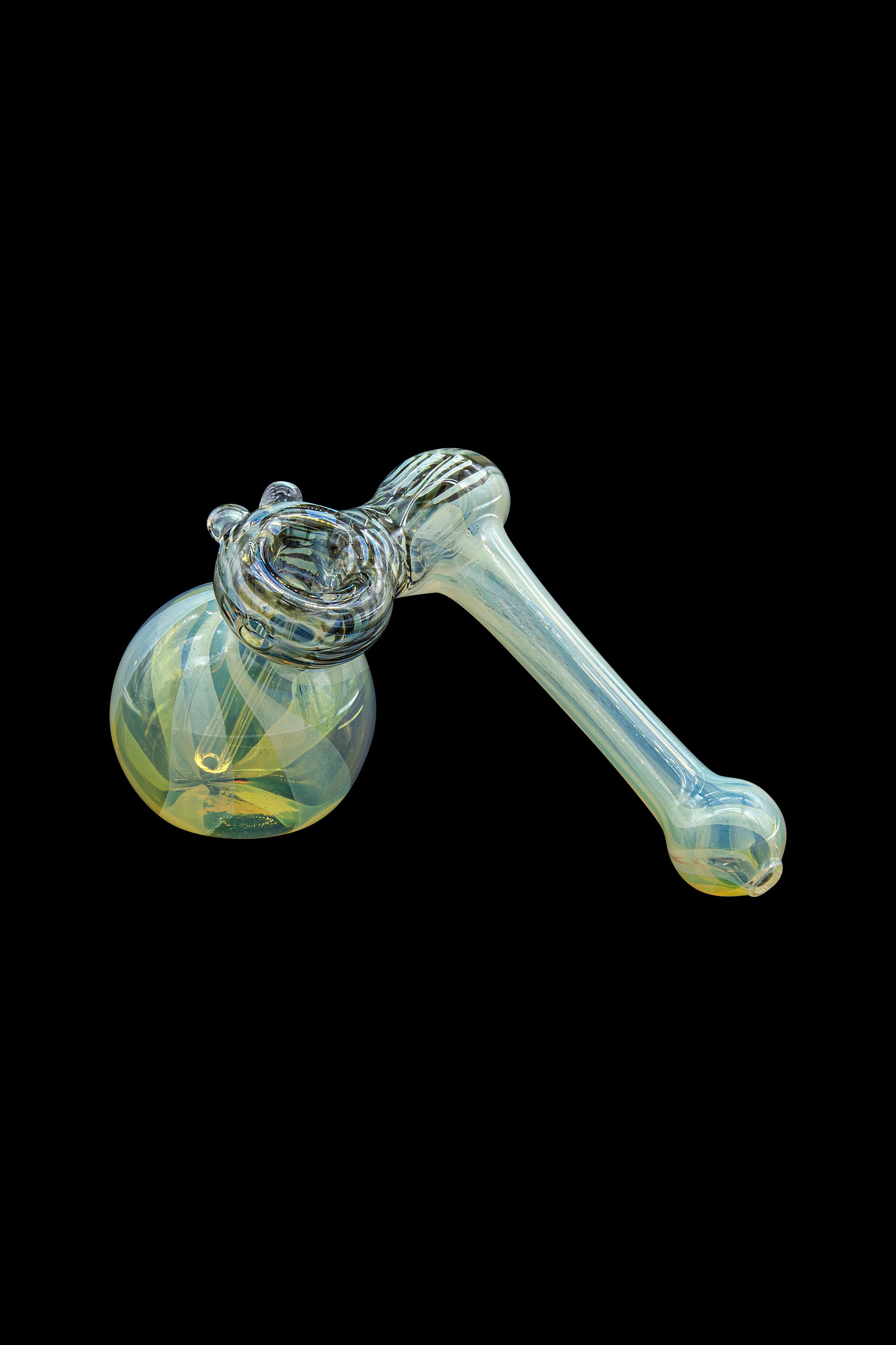 Glass cannabis water pipe with iridescent finish.