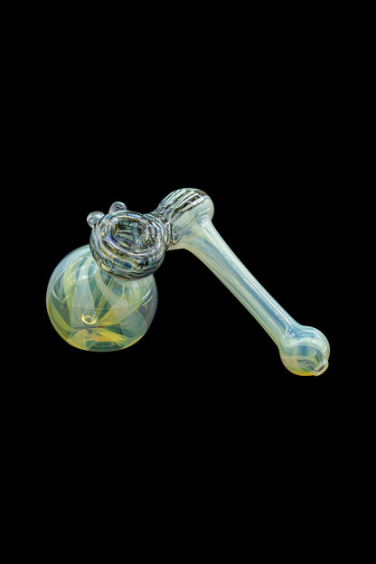 Glass cannabis water pipe with iridescent finish.