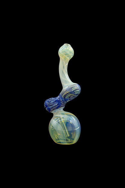 Hand-blown glass water pipe with iridescent yellow and blue swirls, against a black background.