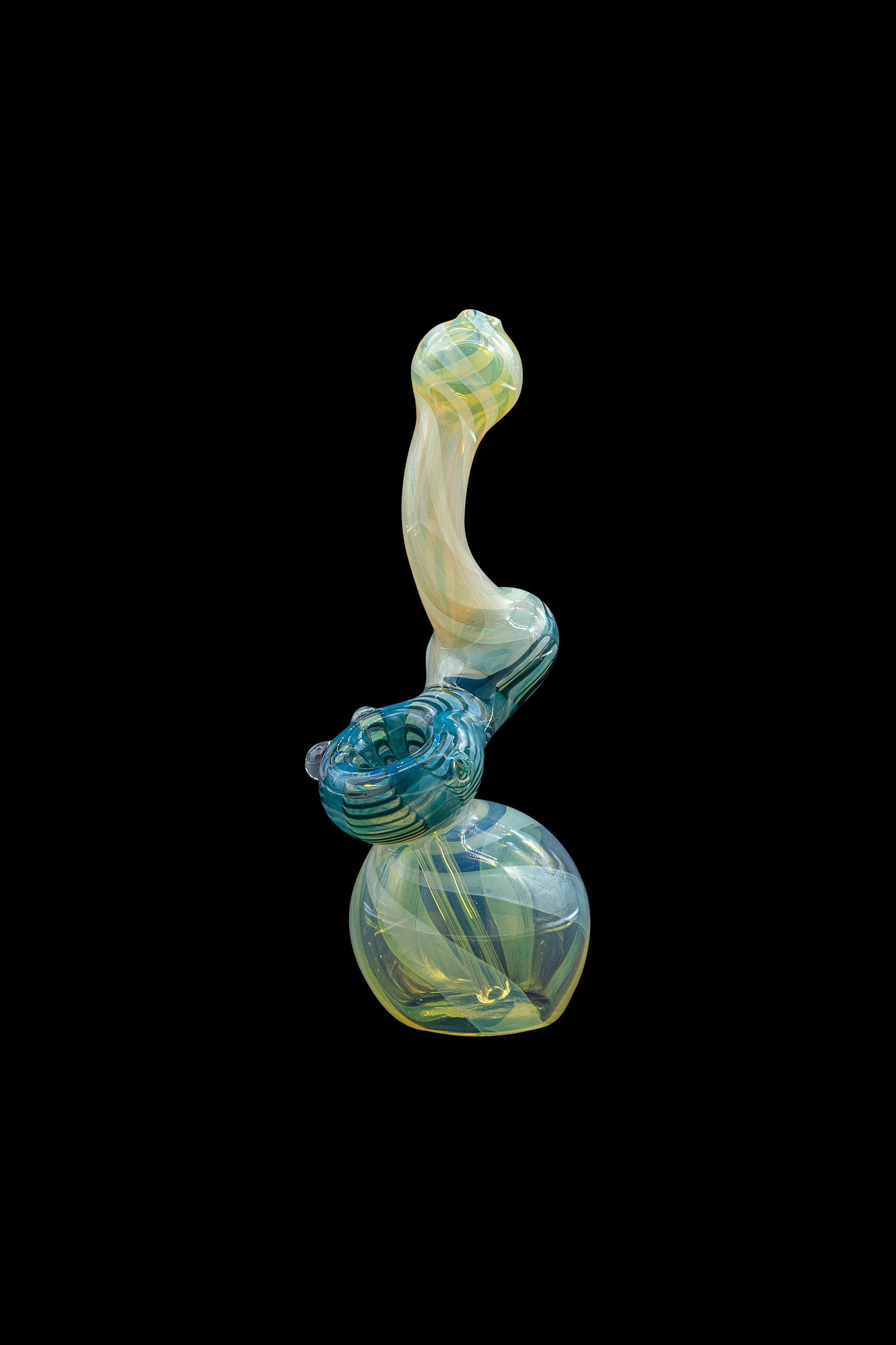 Hand-blown glass bubbler with swirling green and blue hues.