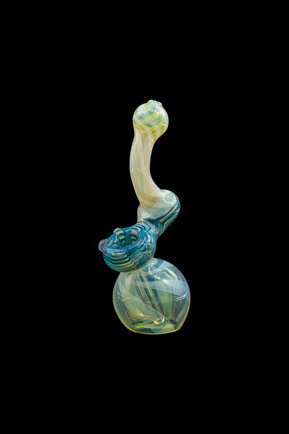 Hand-blown glass bubbler with swirling green and blue hues.