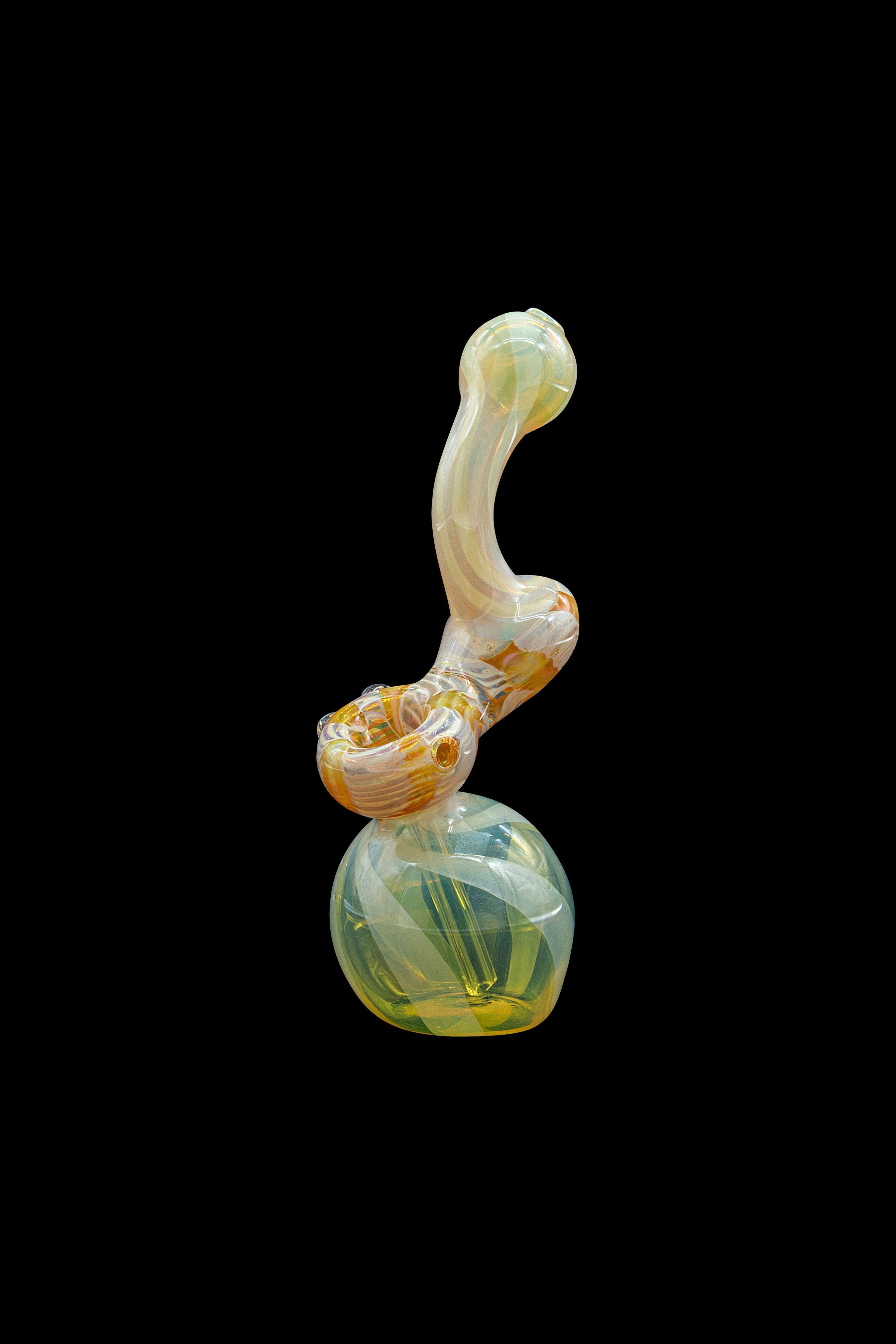 Handblown glass bubbler with swirling orange and cream patterns, isolated on a black background.