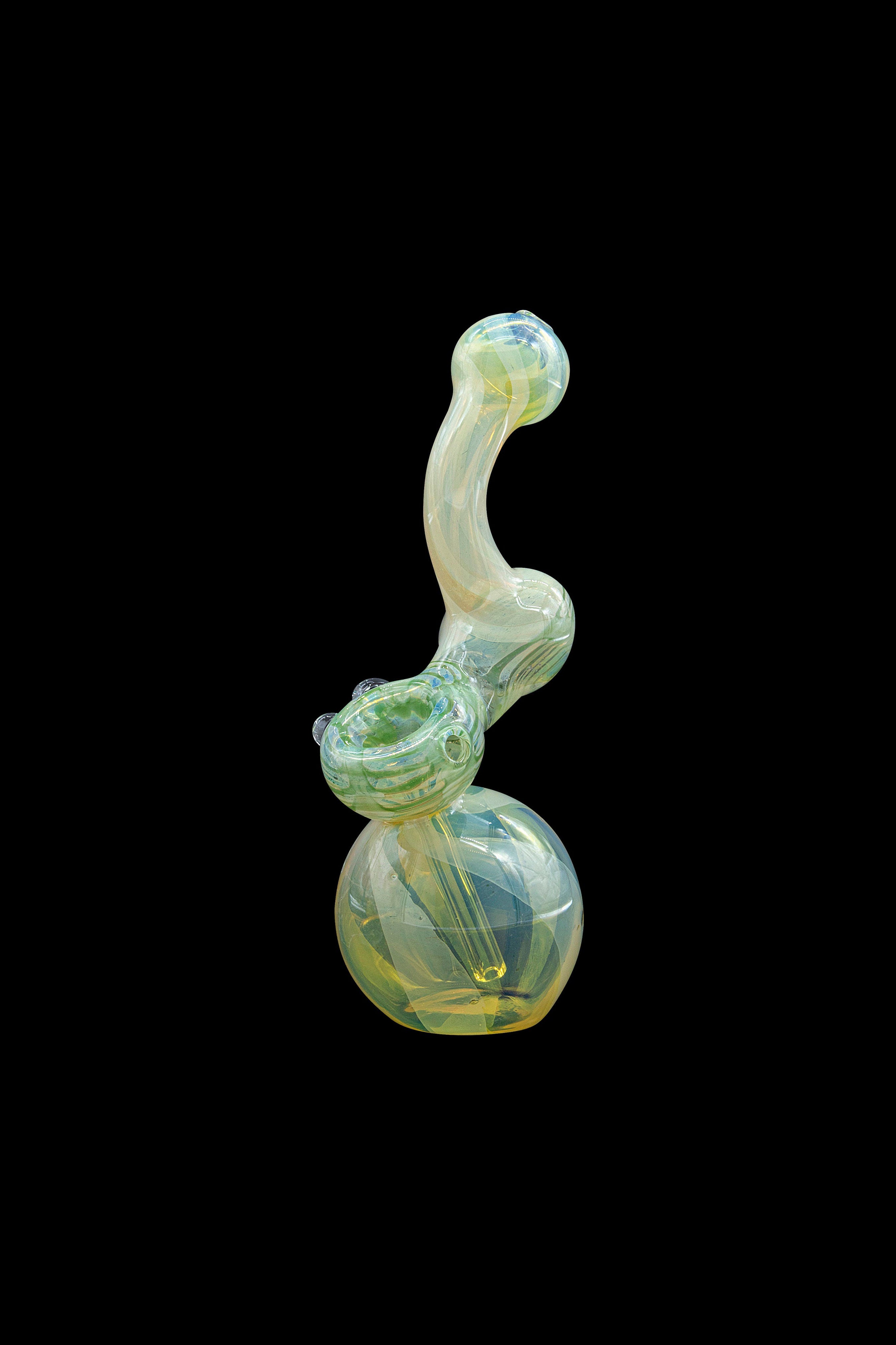 Green glass bubbler water pipe against a black background.