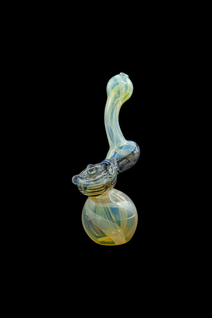 Hand-blown glass bubbler with iridescent yellow and blue swirls.