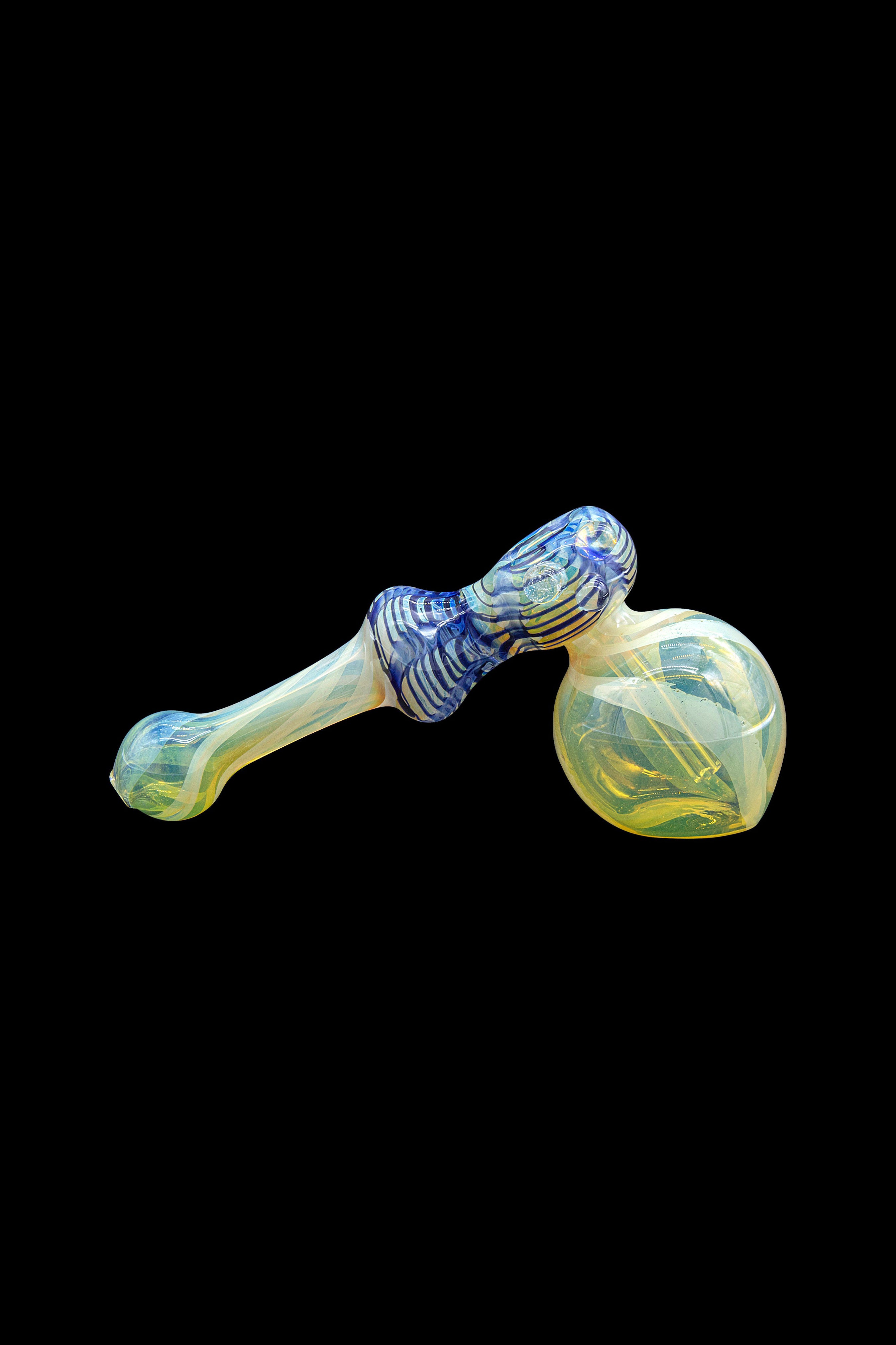 Hand-blown glass bubbler with blue and yellow swirls, isolated on a black background.