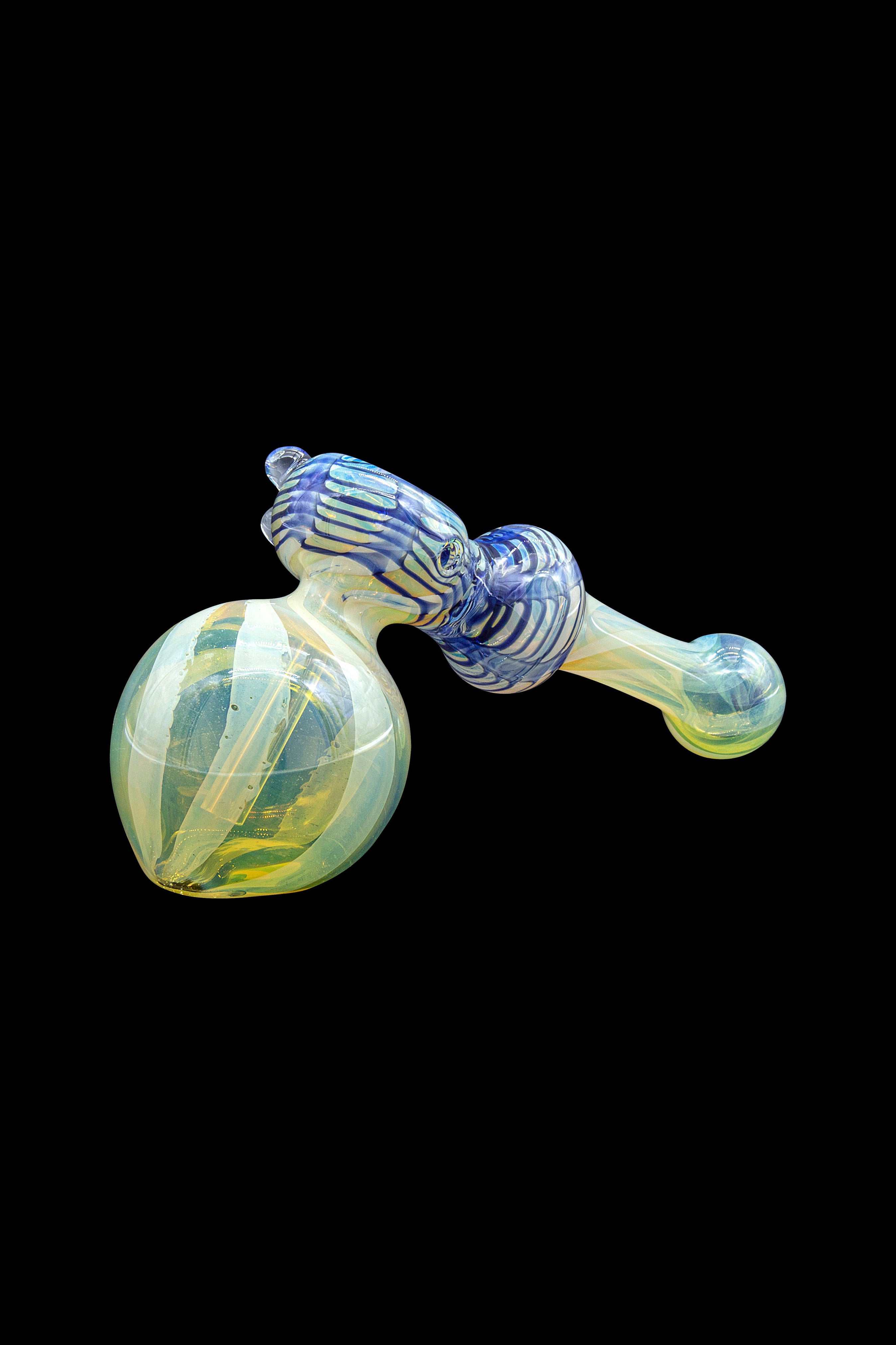 Hand-blown glass bubbler with swirling blue and pale green patterns, isolated on a black background.