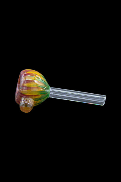 Hand-blown glass cannabis pipe with colorful swirls.