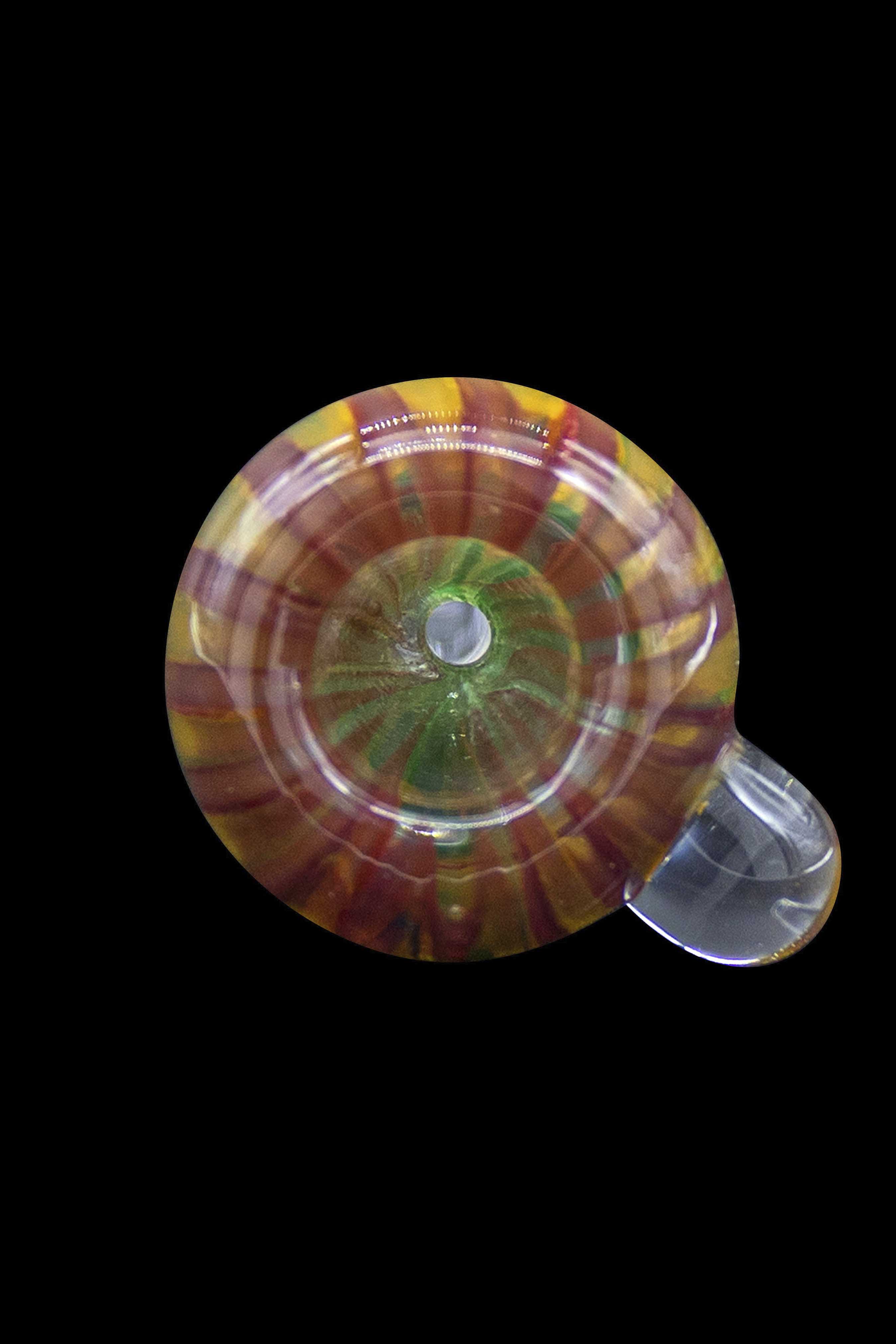 Colorful glass pipe resembling a nautilus shell.