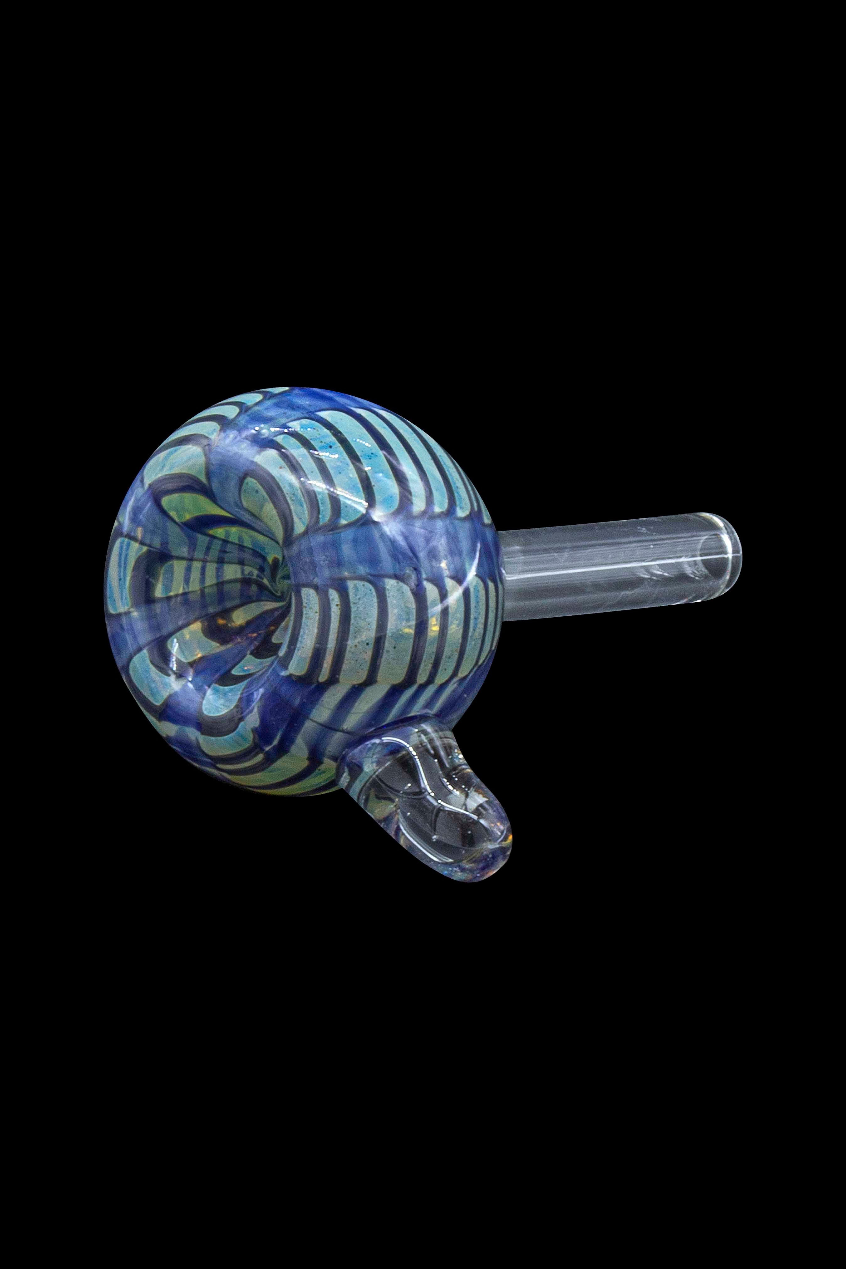 Hand-blown glass cannabis water pipe with blue and green striped pattern.