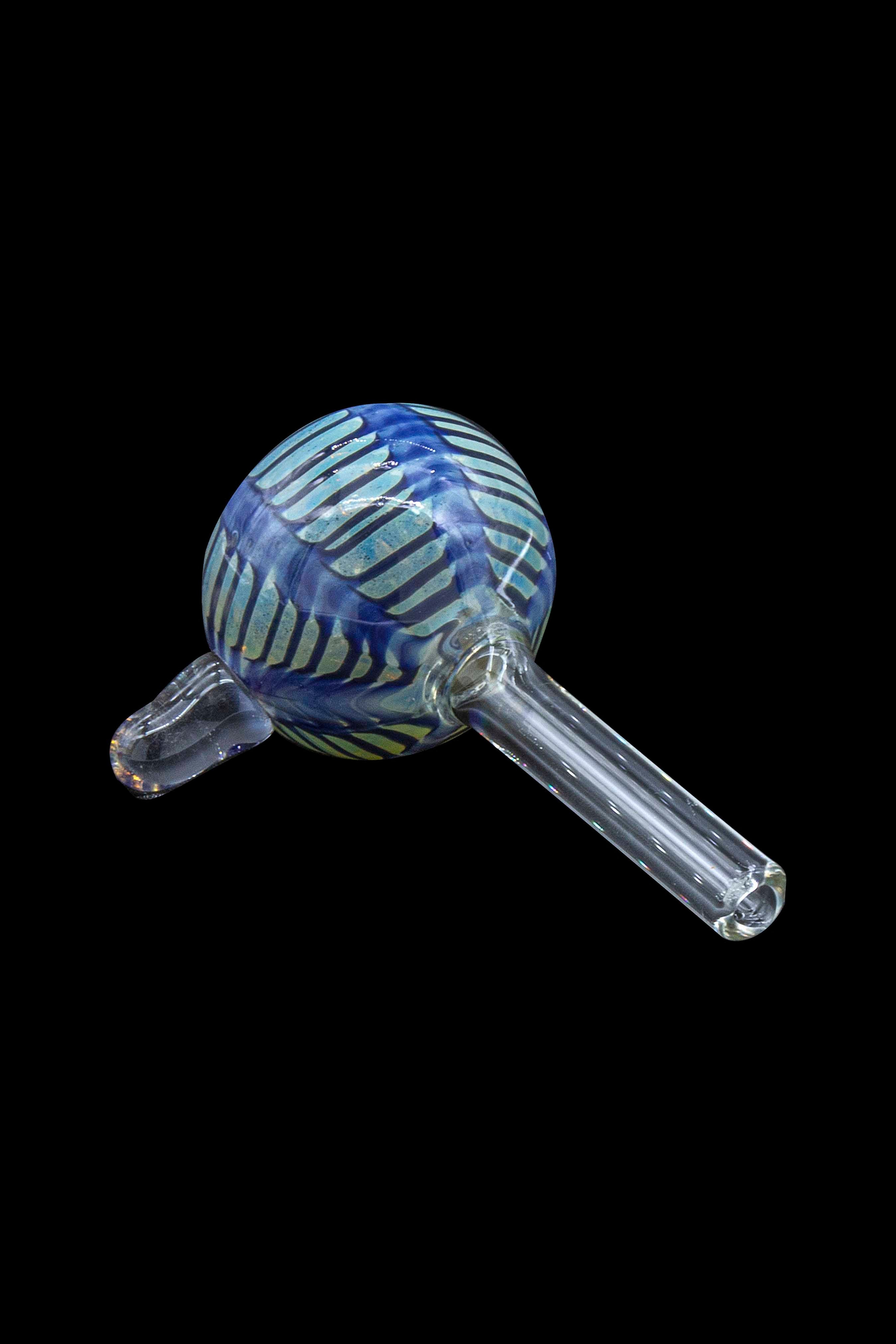Glass cannabis pipe with blue and green swirling patterns.
