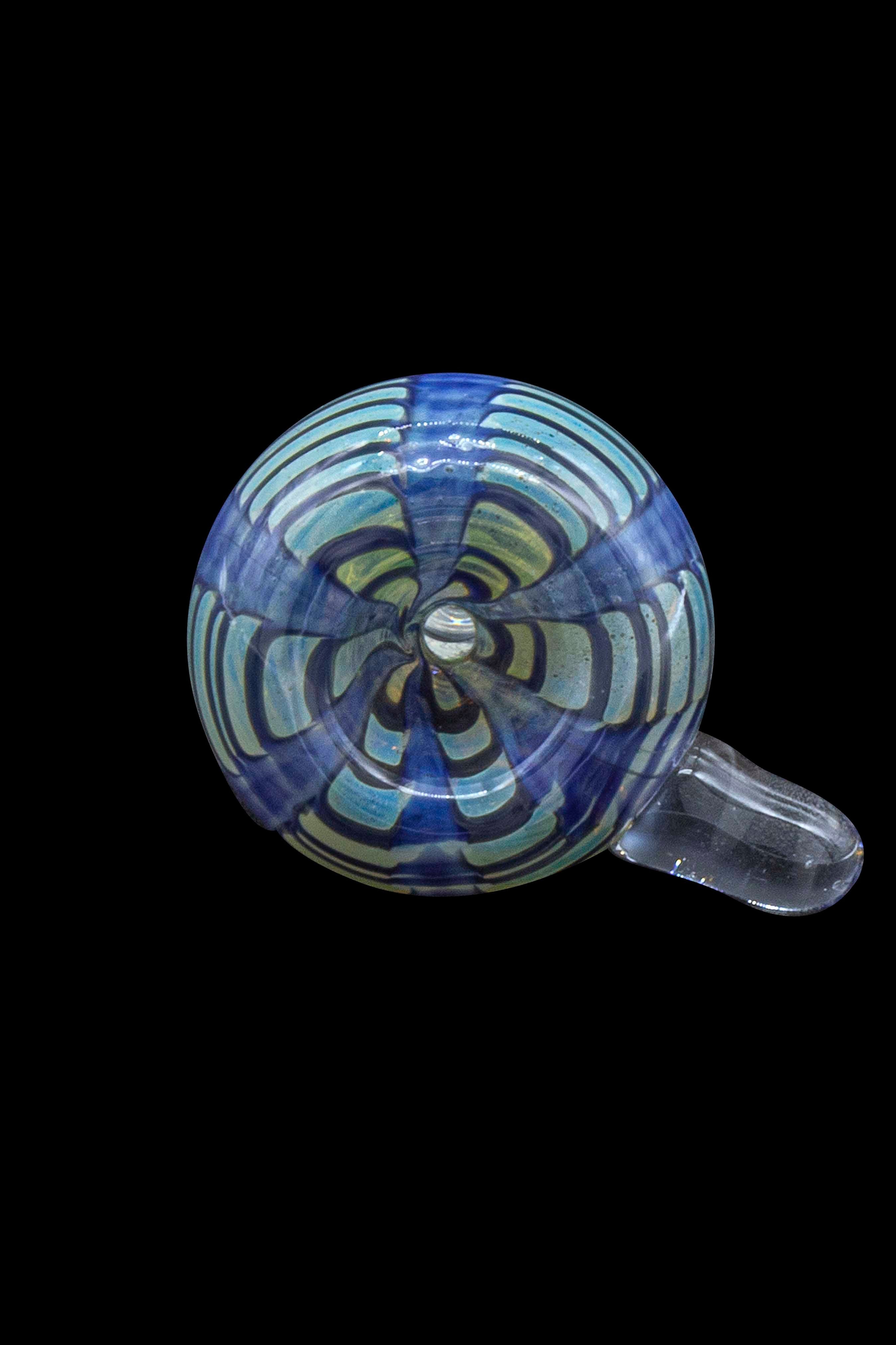 Hand-blown glass cannabis oil dome with intricate blue and green floral patterns.