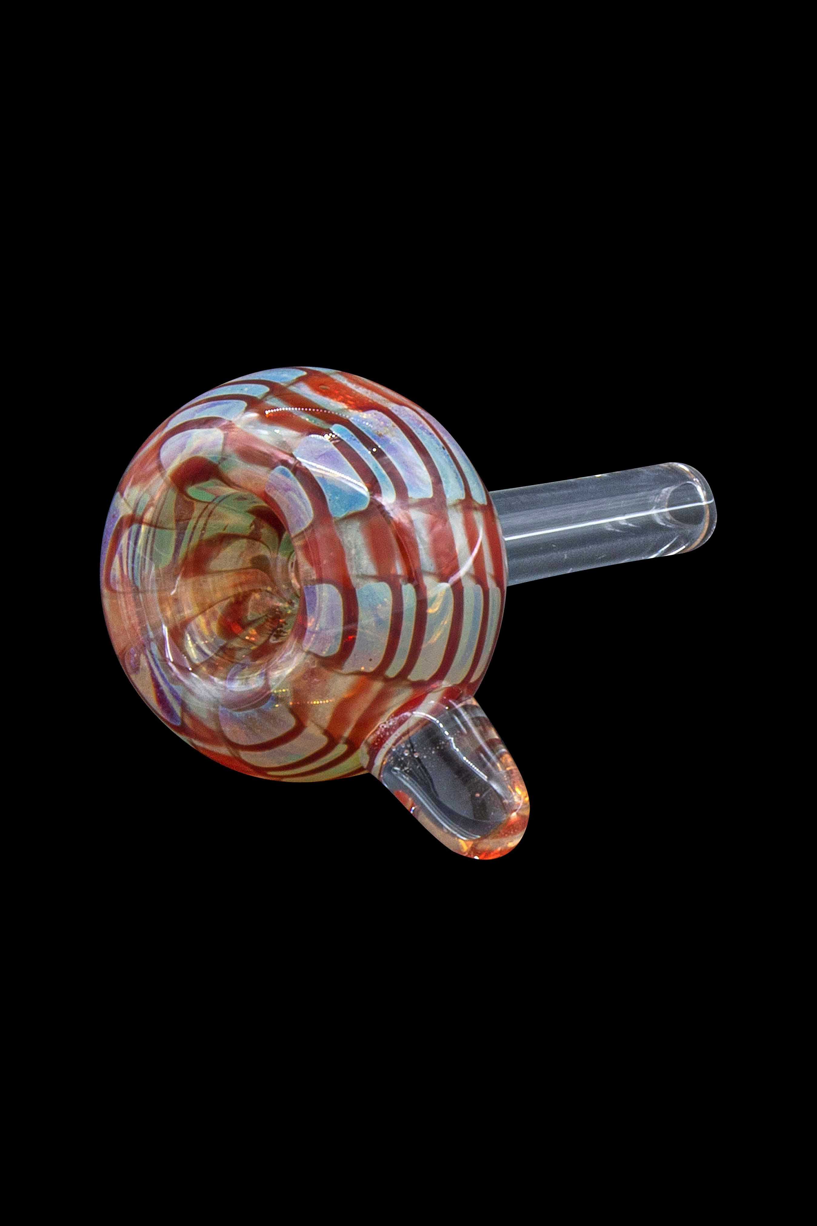 Colorful glass cannabis bowl with a clear stem.