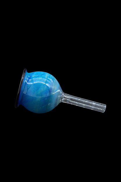 Blue glass cannabis pipe against a black background.
