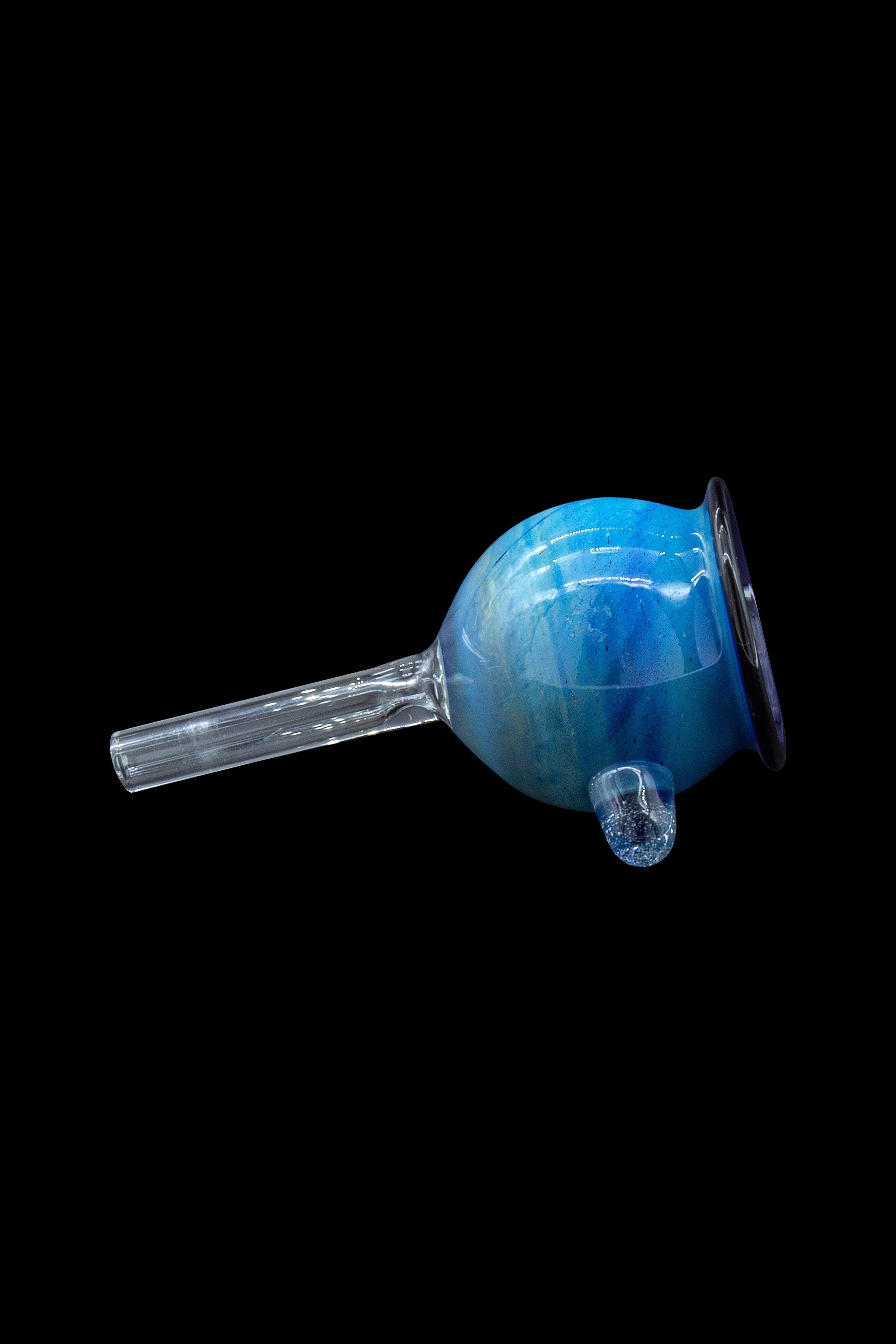 Blue glass cannabis bubbler against a black background.