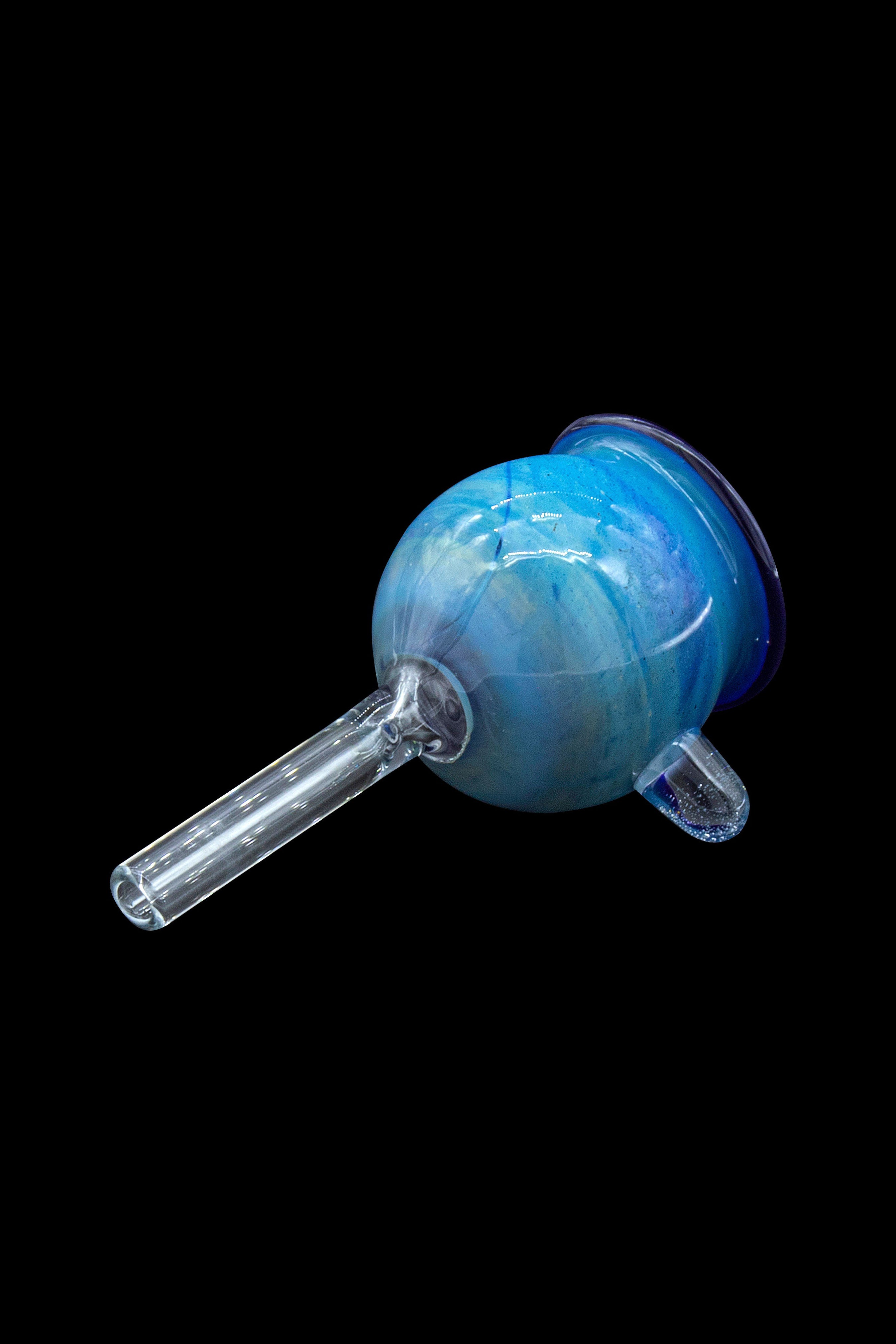 Blue glass cannabis water pipe on black background.