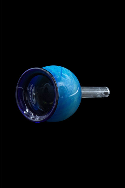 Blue glass cannabis water pipe with a clear mouthpiece, isolated on black.