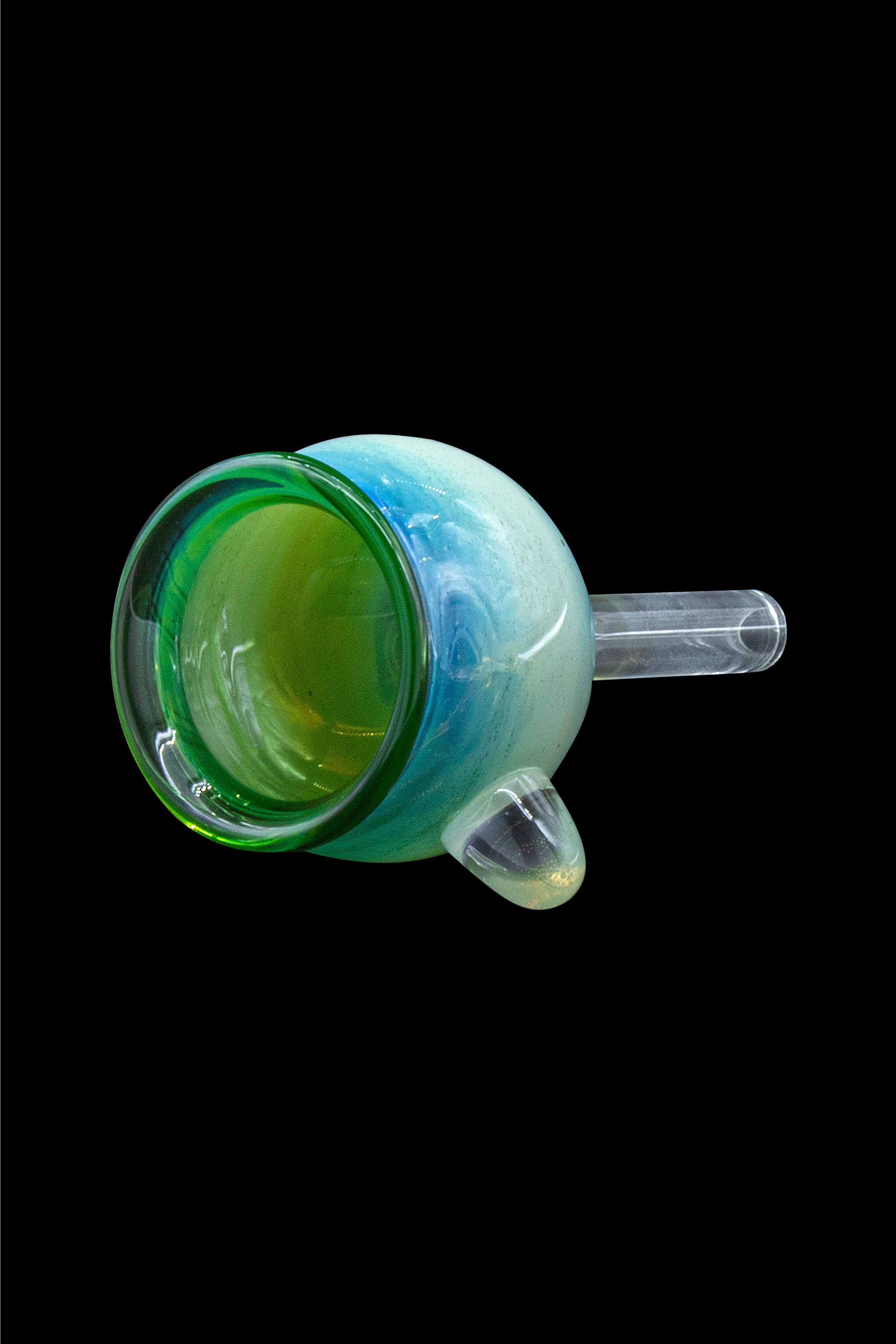 Green and blue glass bubbler with a clear mouthpiece, isolated on black.