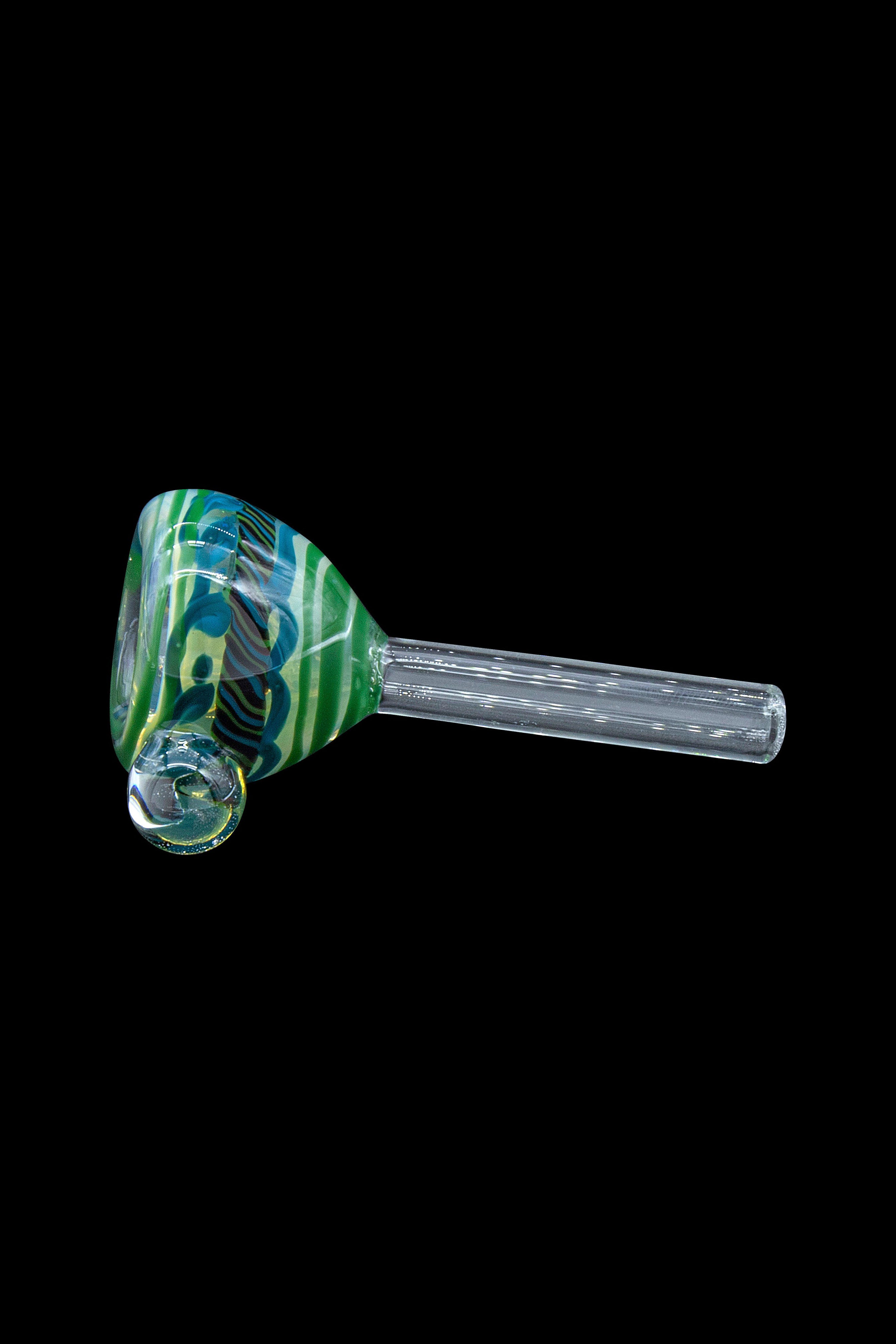 Hand-blown glass cannabis pipe with swirling green and blue patterns.