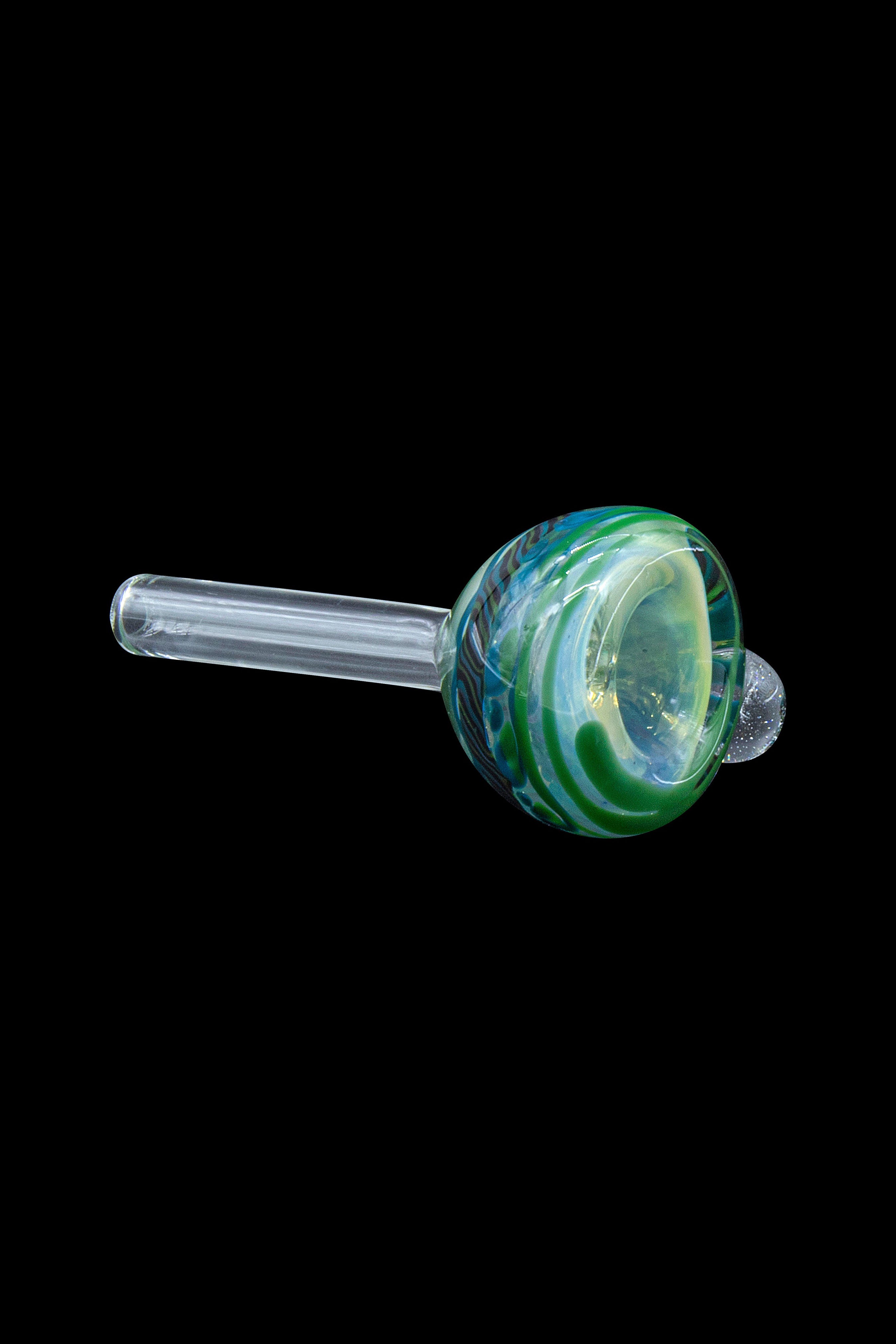 Hand-blown glass cannabis pipe with green and blue swirls.
