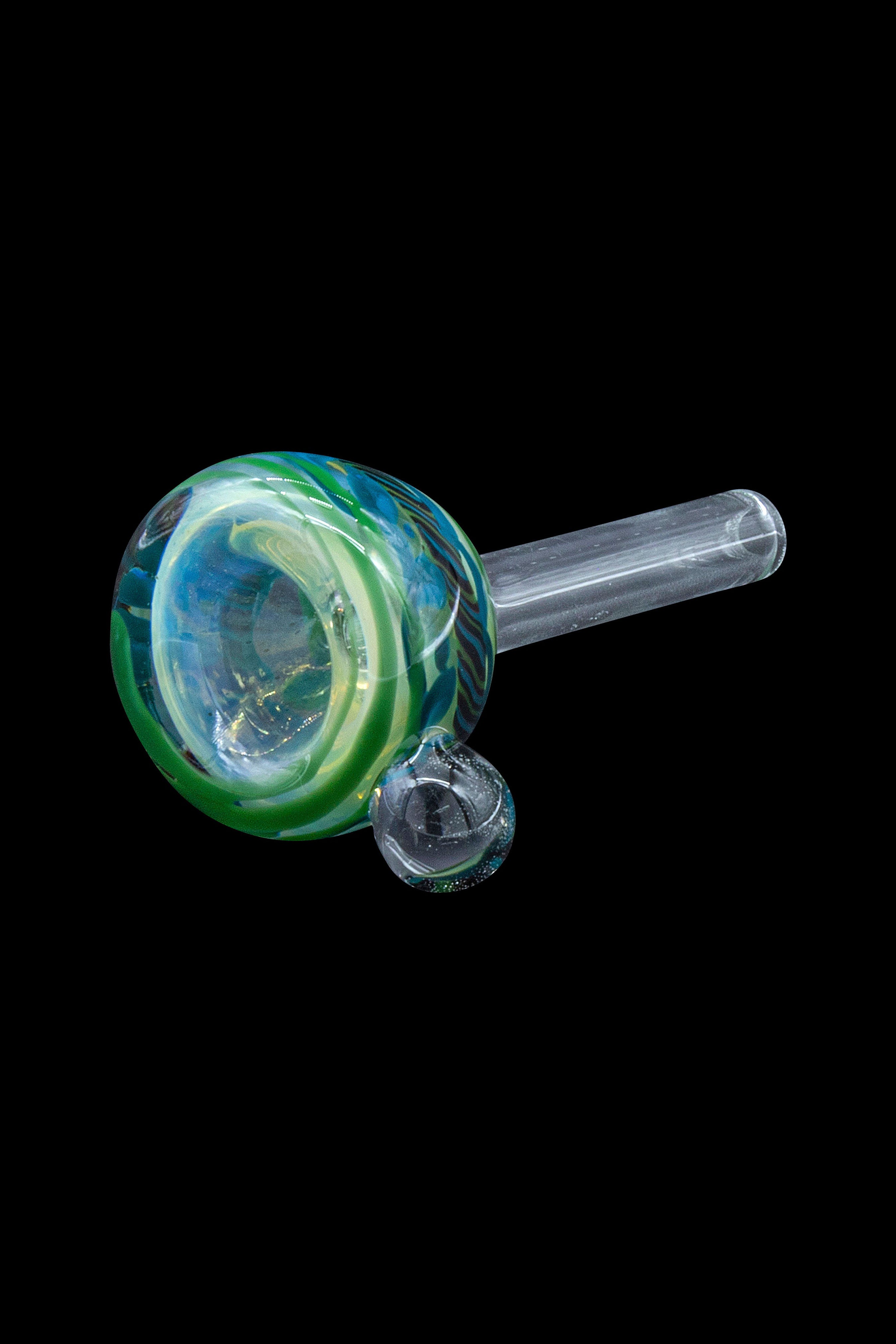 Green and blue swirled glass oil rig with a clear mouthpiece.