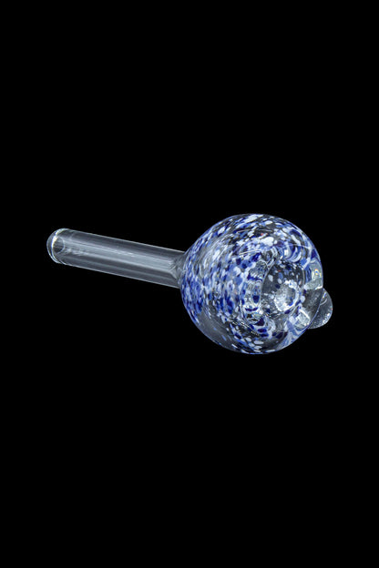 Blue and white speckled glass pipe on a black background.