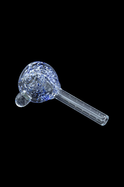 Blue and clear glass smoking pipe against a black background.