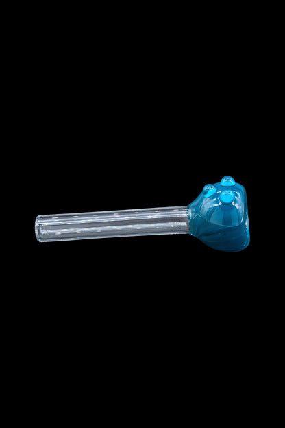 Blue glass cannabis spoon pipe on a black background.