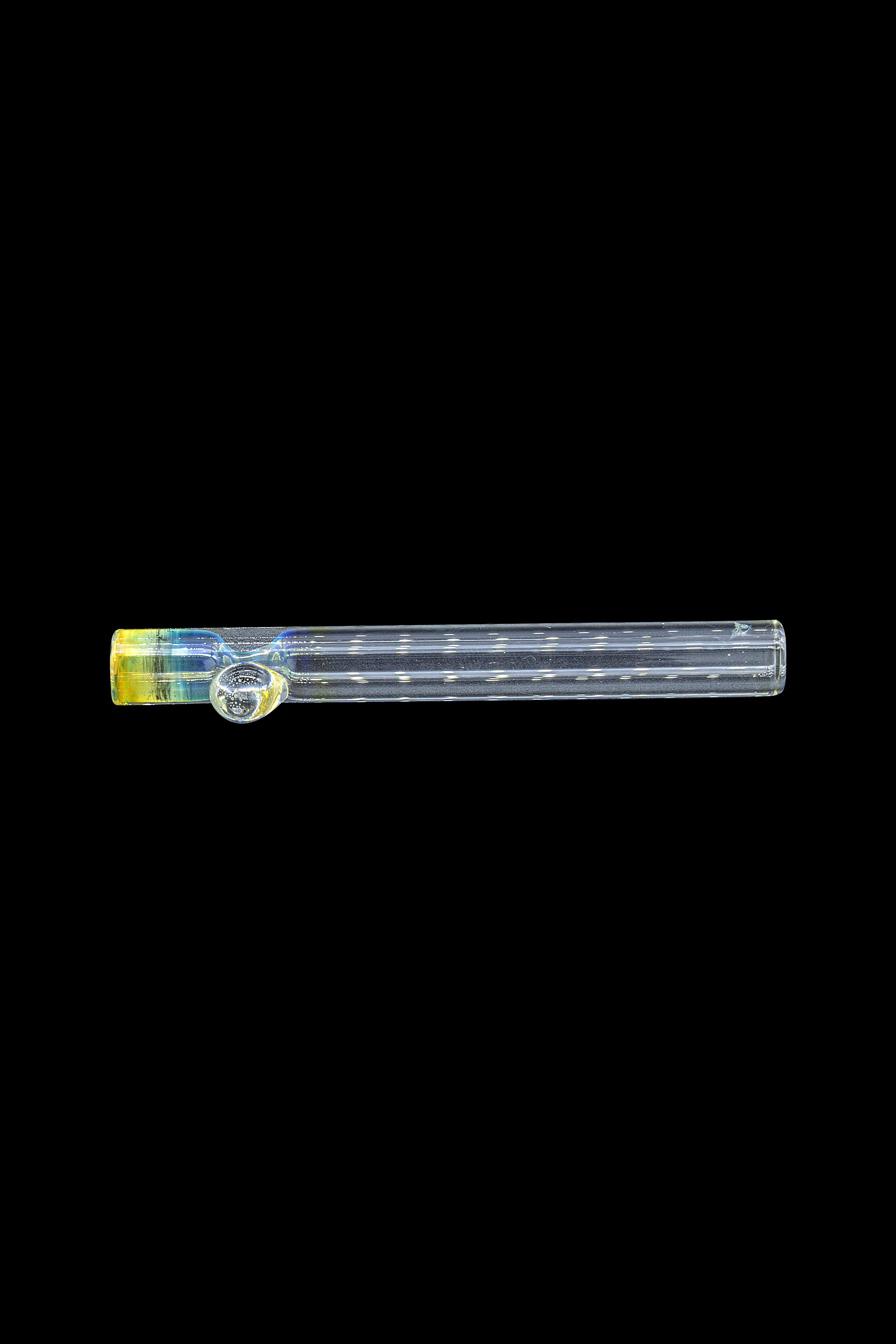 Glass cannabis pipe with colorful accents, isolated on a black background.