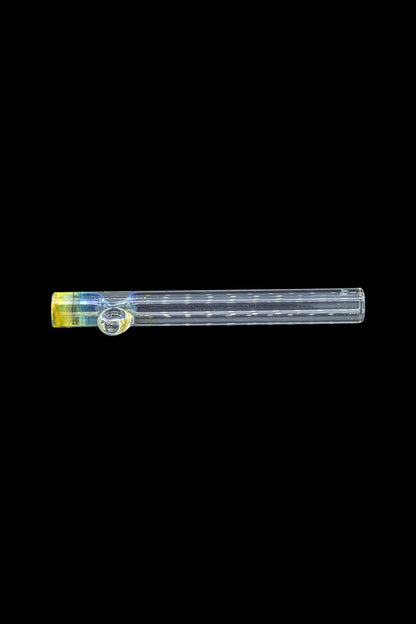 Glass cannabis pipe with colorful accents, isolated on a black background.
