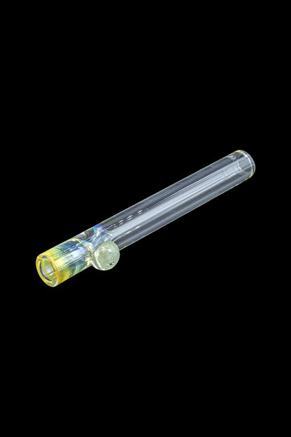Glass cannabis pipe with a green and yellow tinted mouthpiece.