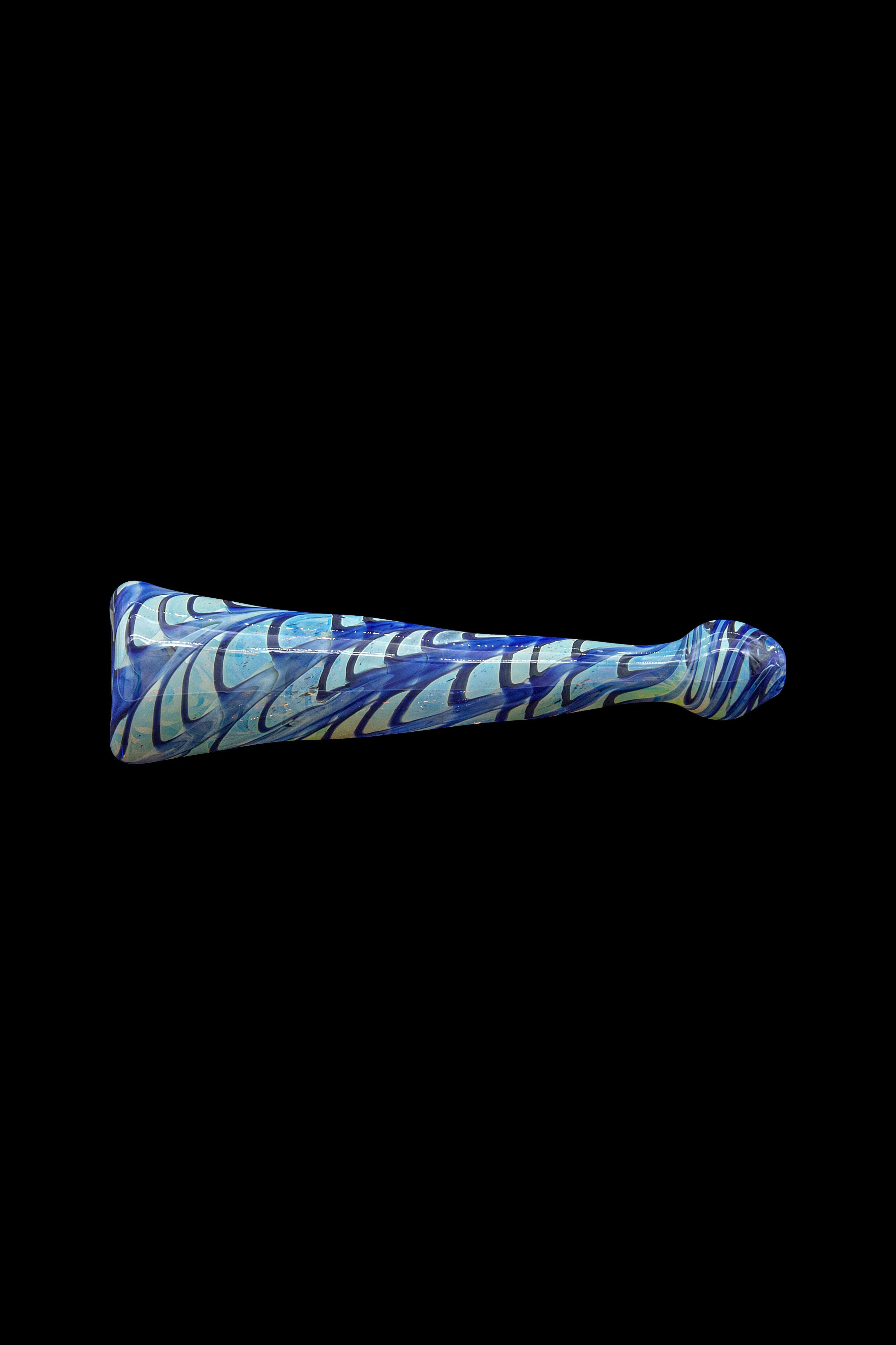 Blue and white patterned glass pipe on a black background.