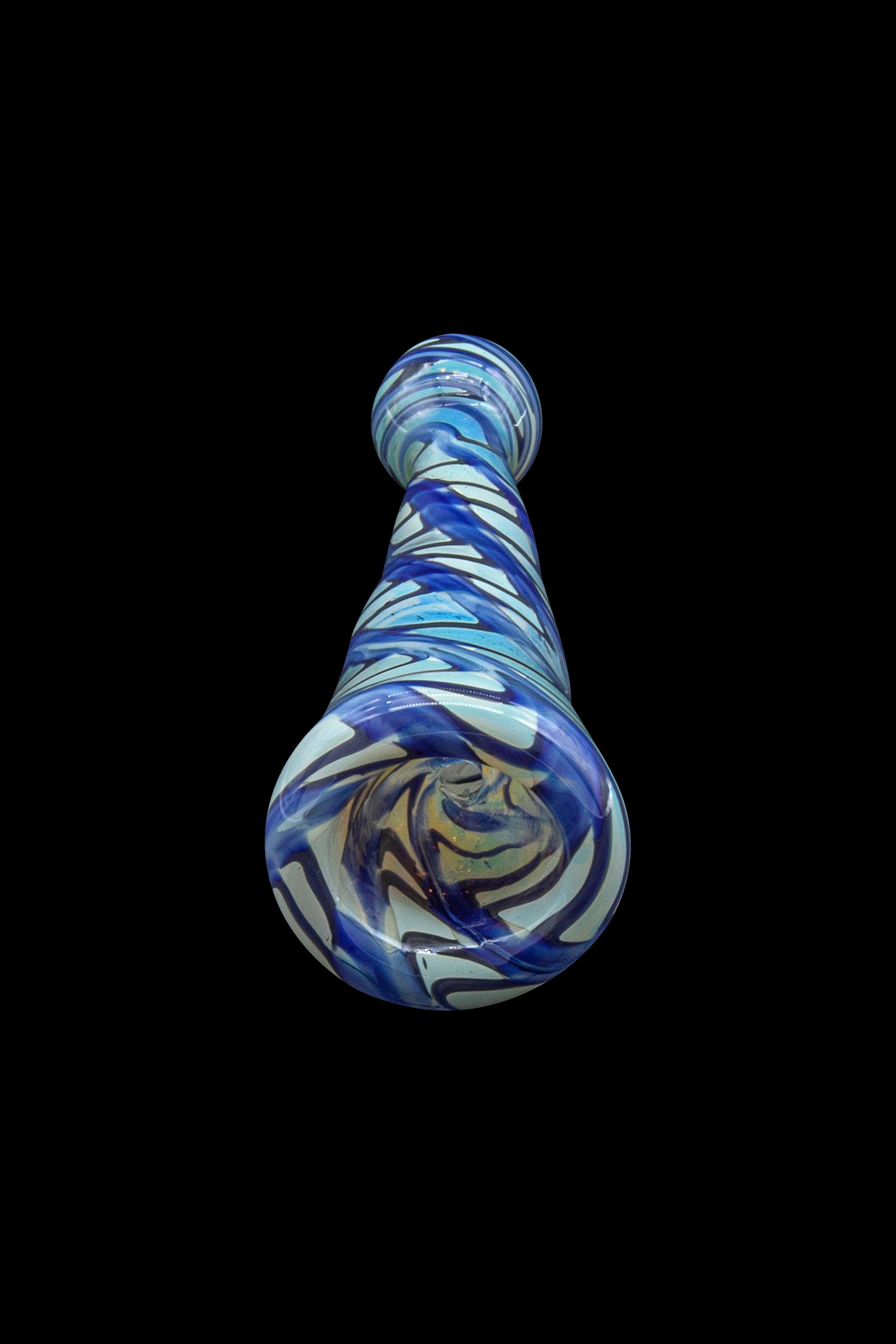 Blue and white swirled glass pipe against a black background.
