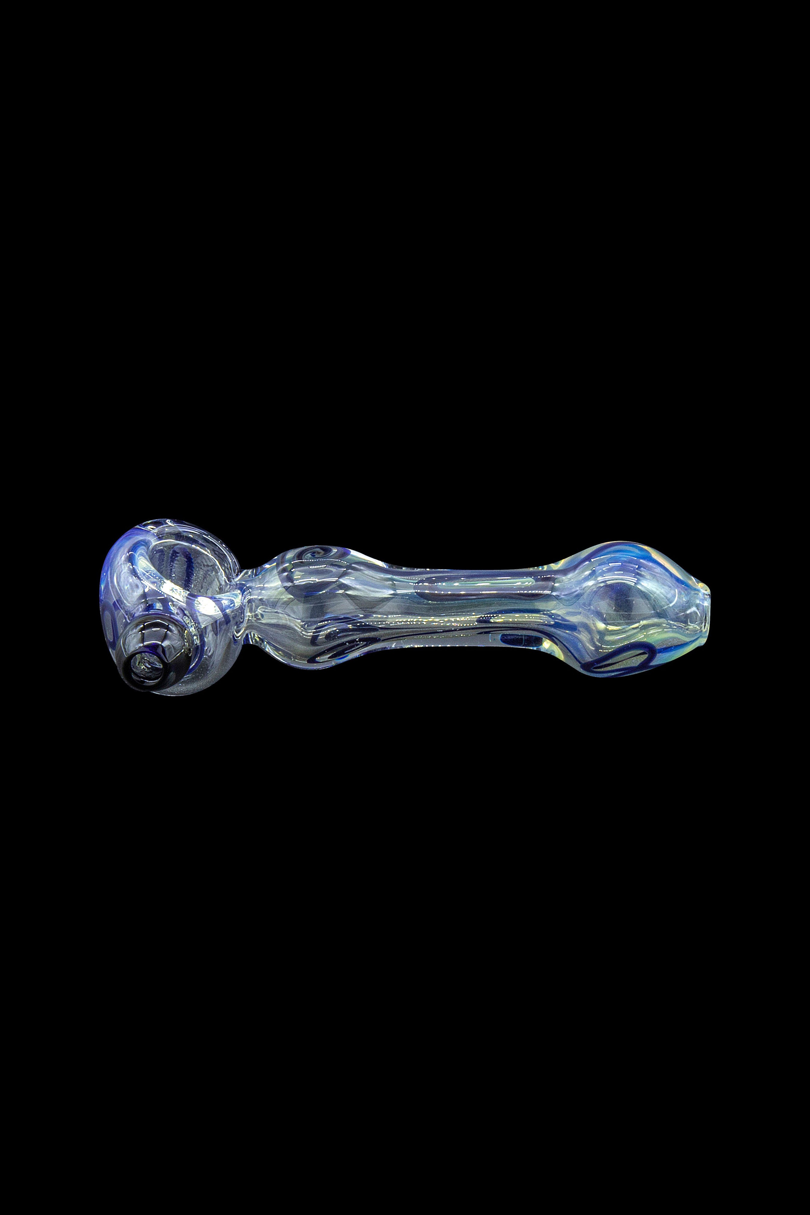 Glass pipe with iridescent blue and silver swirls against a black background.