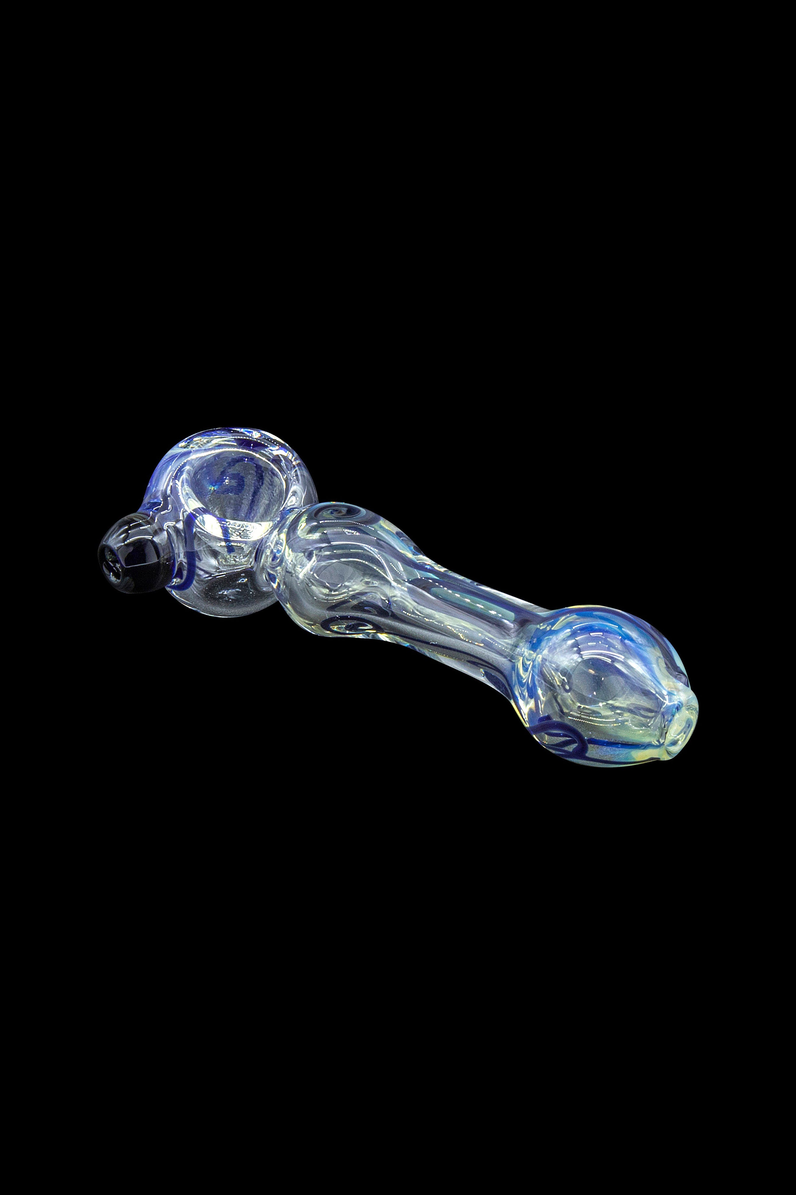 Glass cannabis pipe with blue and iridescent swirls against a black background.
