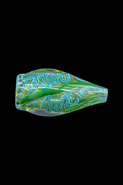 Green glass cannabis pipe with swirling blue and white patterns.