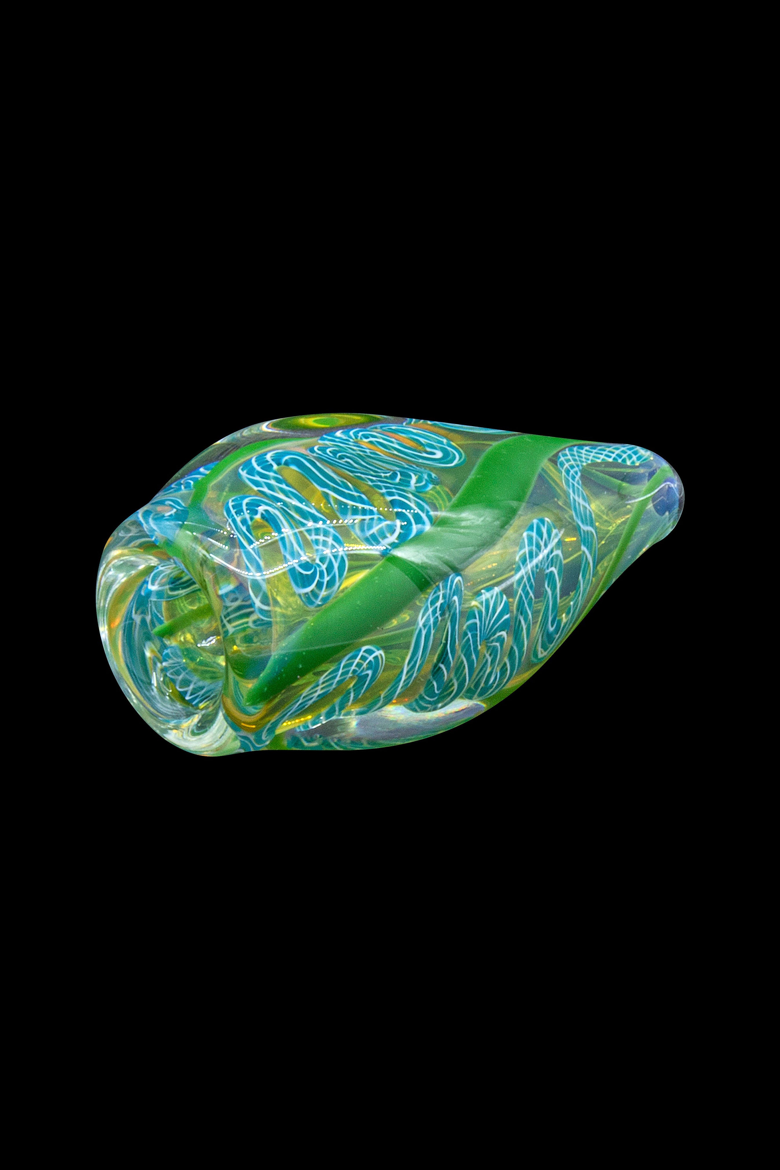 Hand-blown glass cannabis pipe with intricate green and gold swirling patterns.