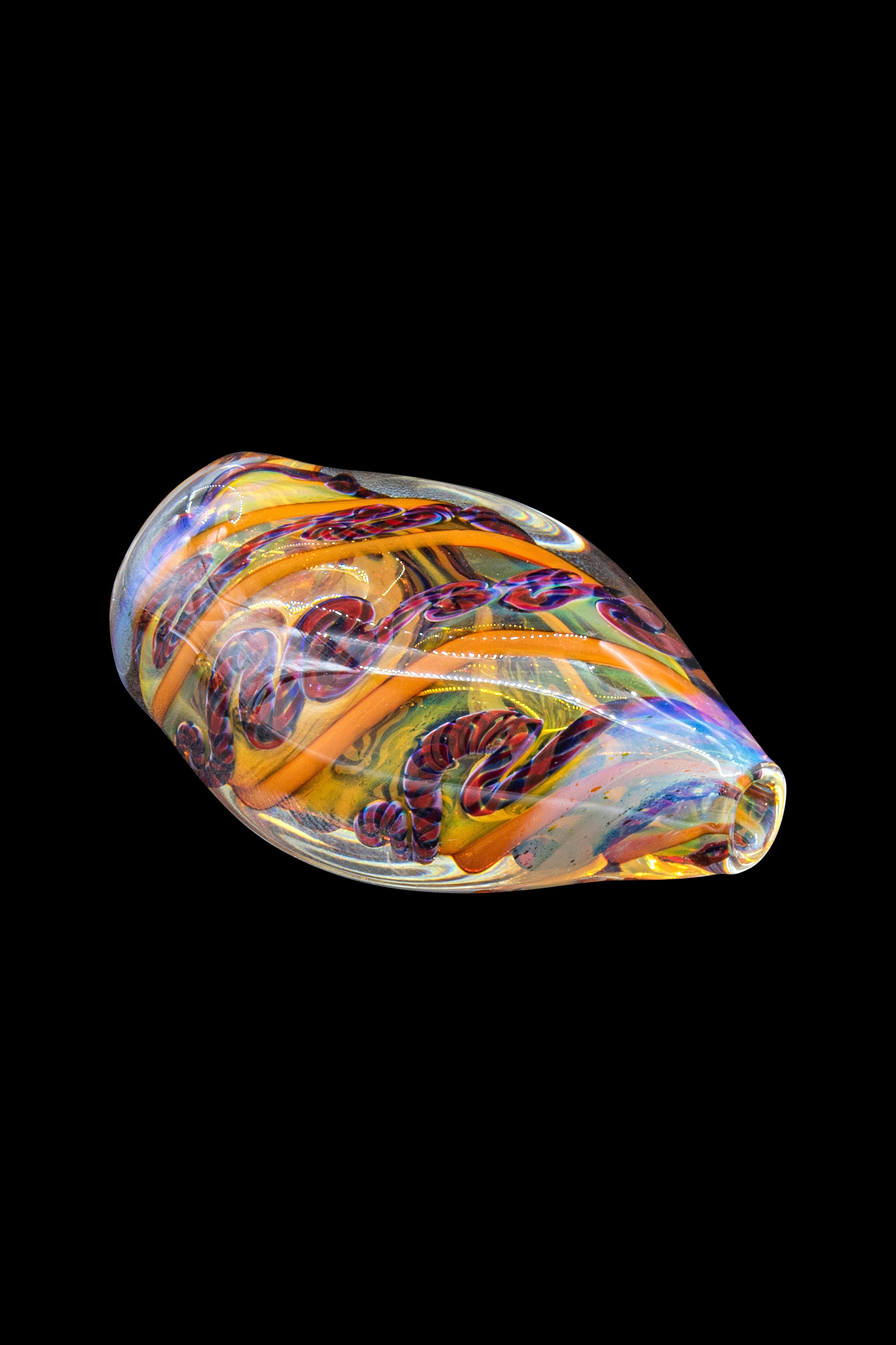 Hand-blown glass cannabis pipe with vibrant orange, blue, and purple swirls.