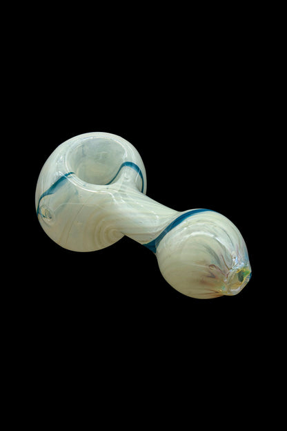 Frosted glass cannabis pipe with blue accents on a black background.