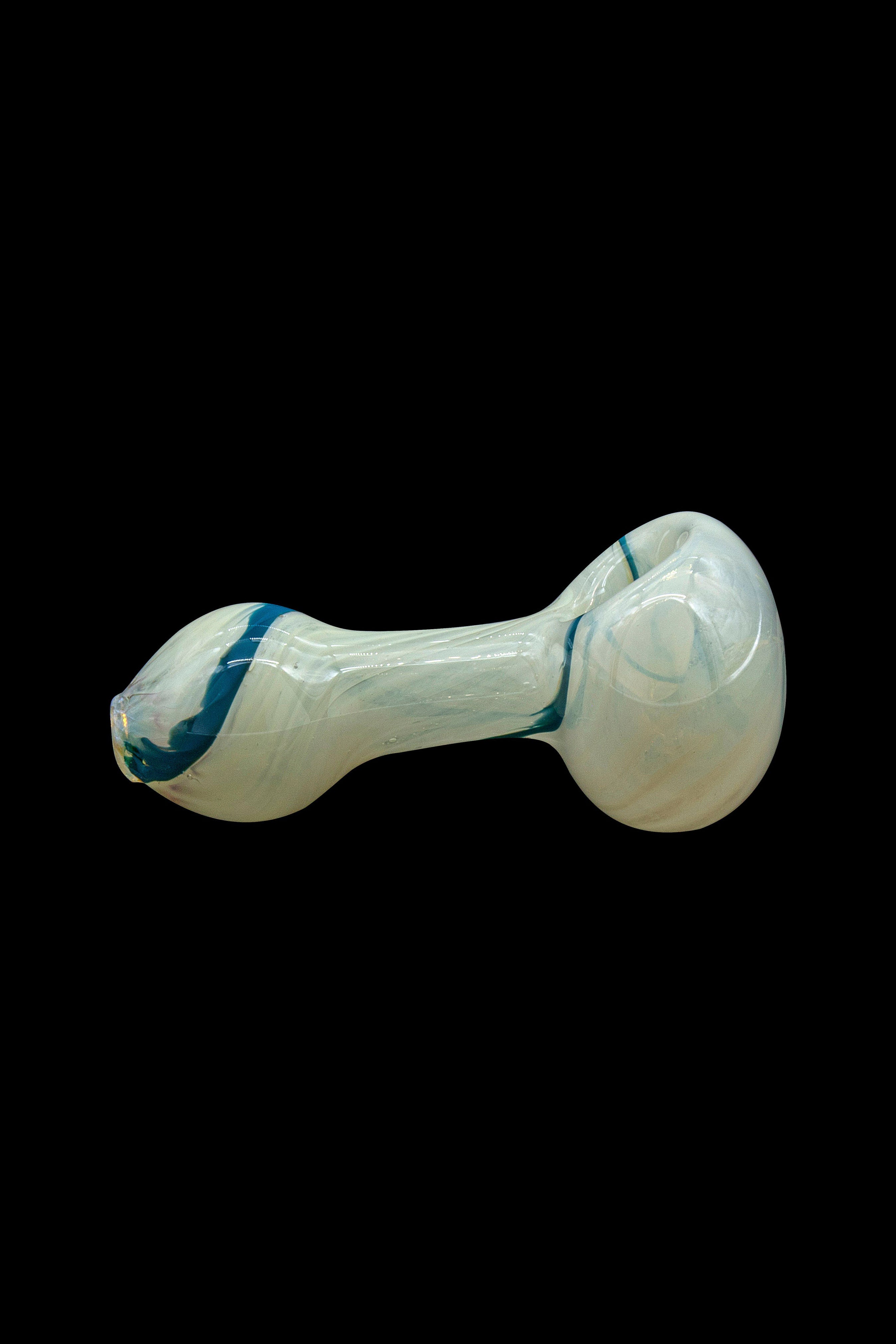 Green glass smoking pipe with blue accents on a black background.