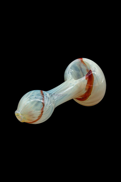 A vibrant, swirled glass pipe with a rounded bowl and mouthpiece, isolated on a black background.