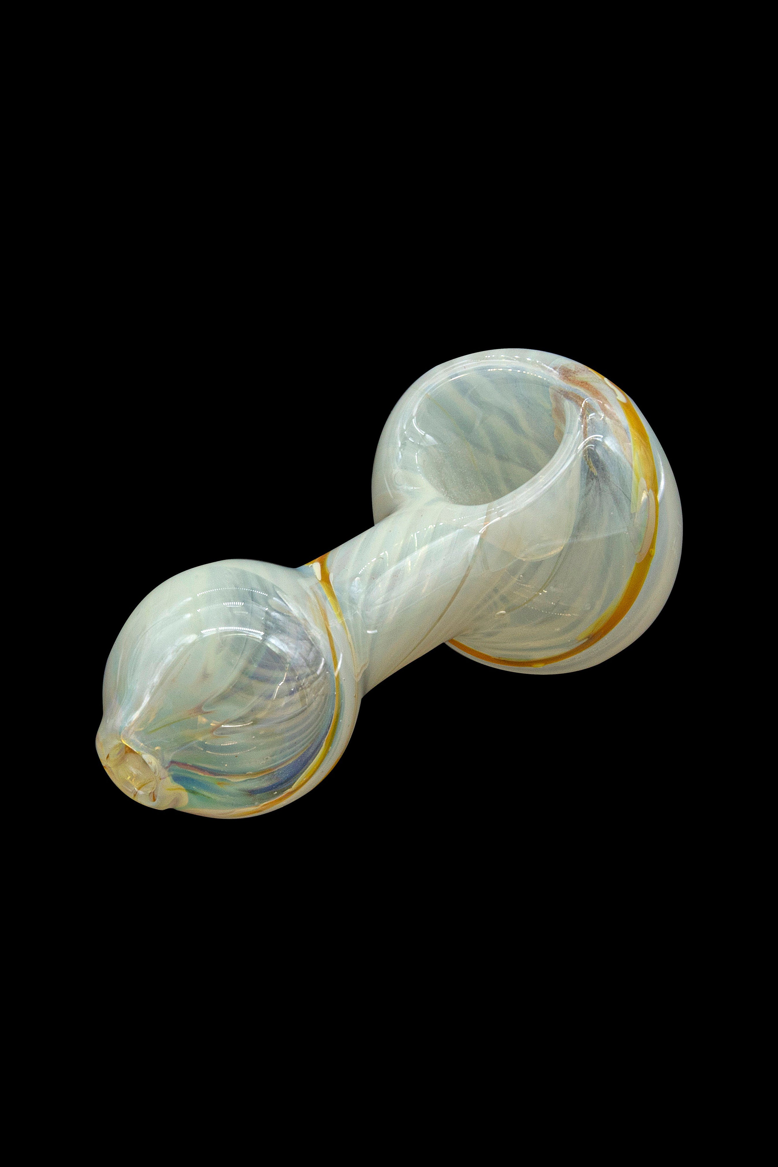 Glass bubbler pipe with swirling iridescent colors against a black background.