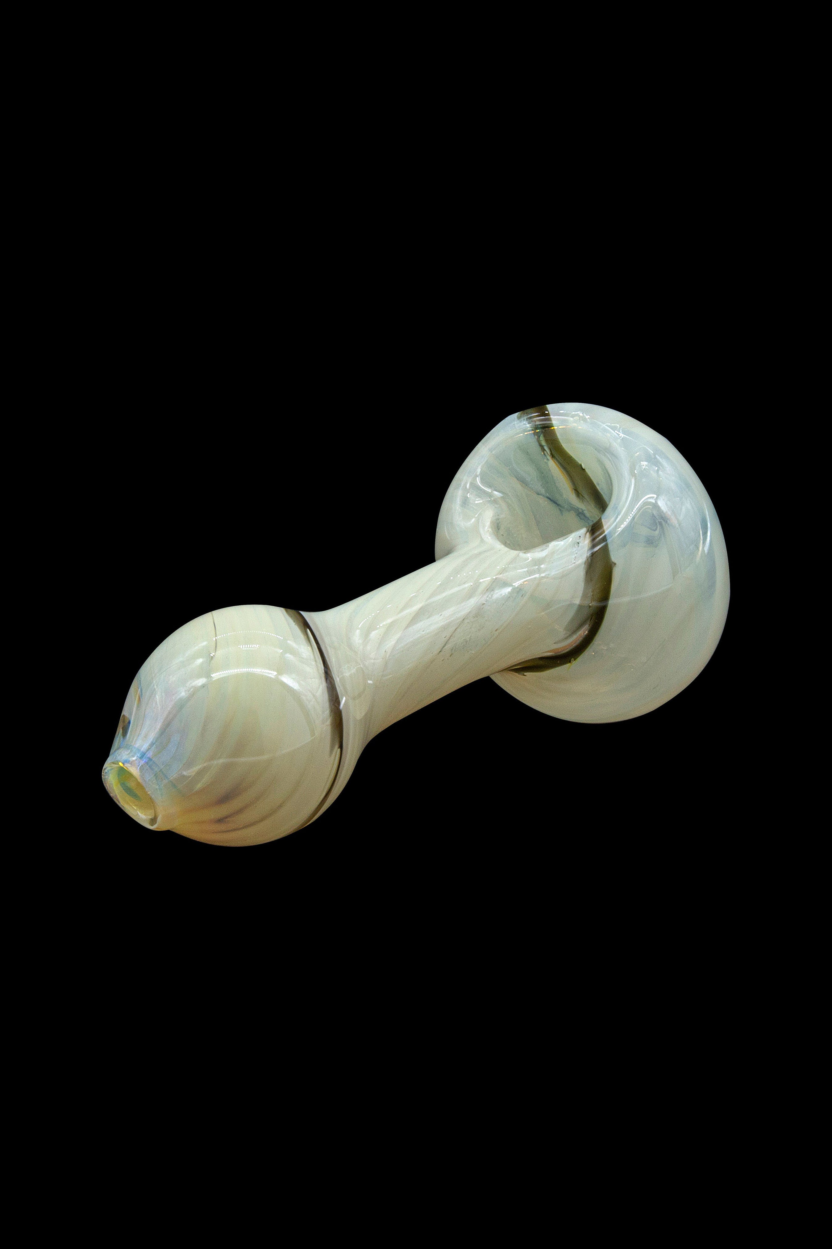 Pale green glass bubbler pipe against a black background.