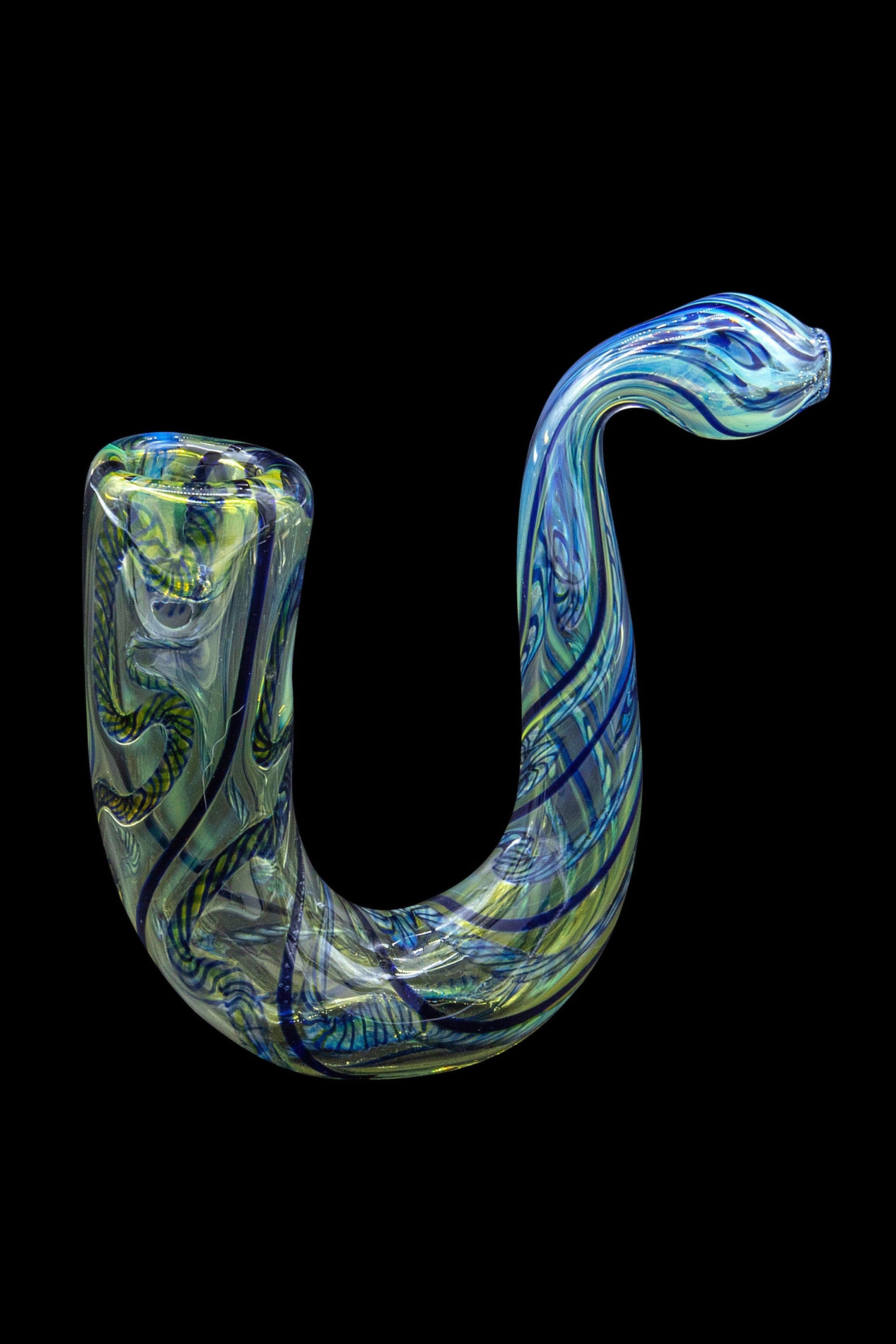Hand-blown glass bubbler with blue and green swirling patterns.