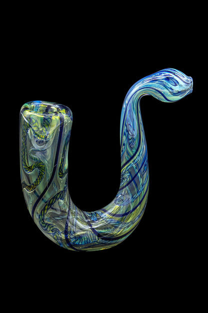 Hand-blown glass bubbler with blue and green swirling patterns.