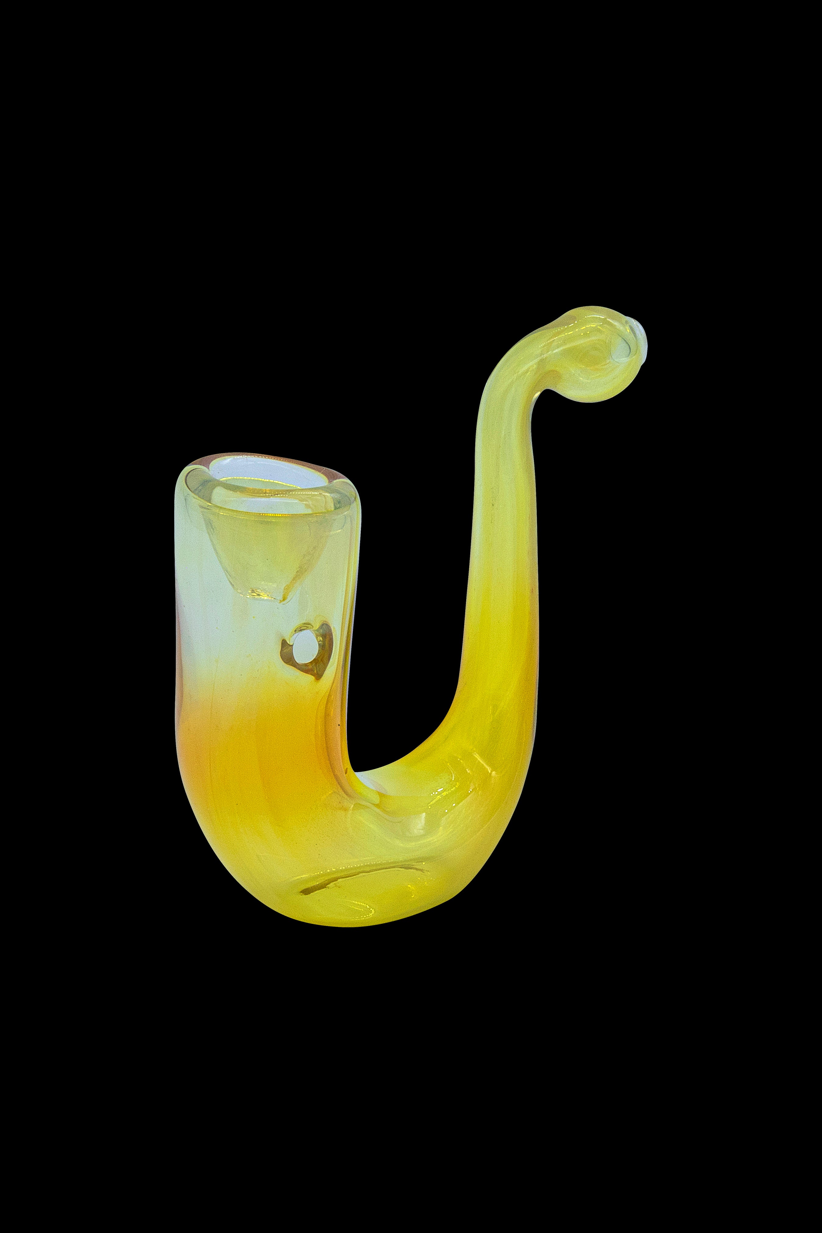 Yellow glass bubbler pipe for smoking cannabis.