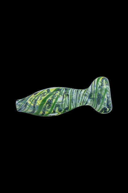 Hand-blown glass pipe with green and white swirl pattern.
