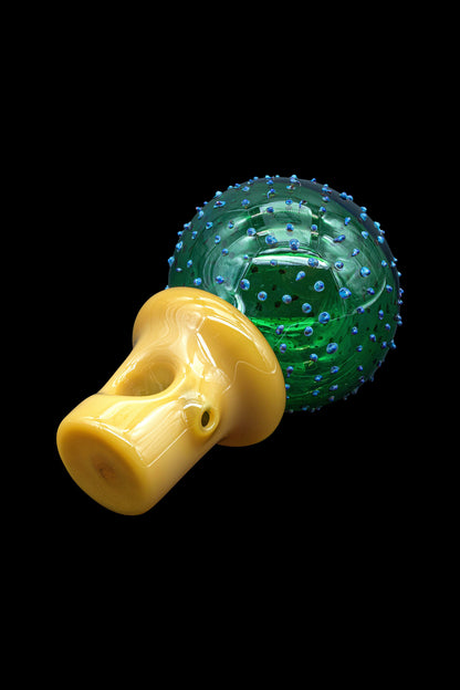 Hand-blown glass mushroom pipe with a textured green and blue base.